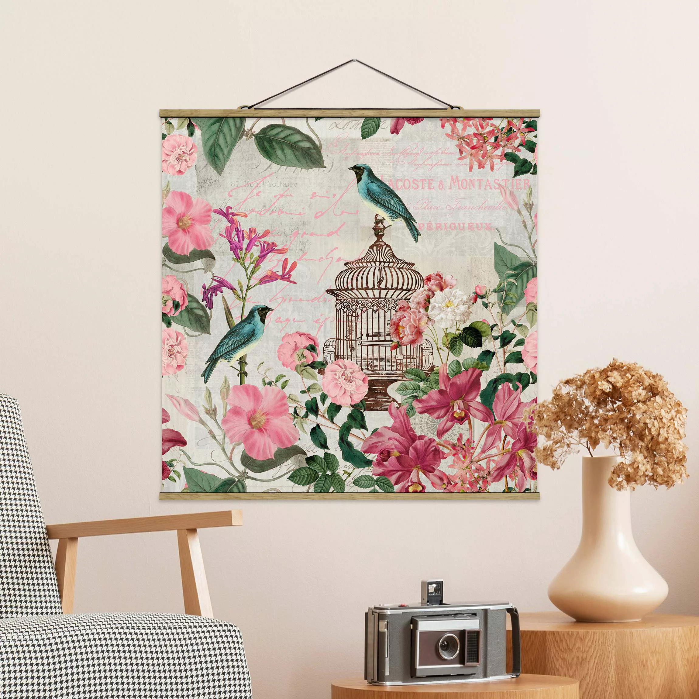 Stoffbild Blumen mit Posterleisten - Quadrat Shabby Chic Collage - Rosa Blü günstig online kaufen