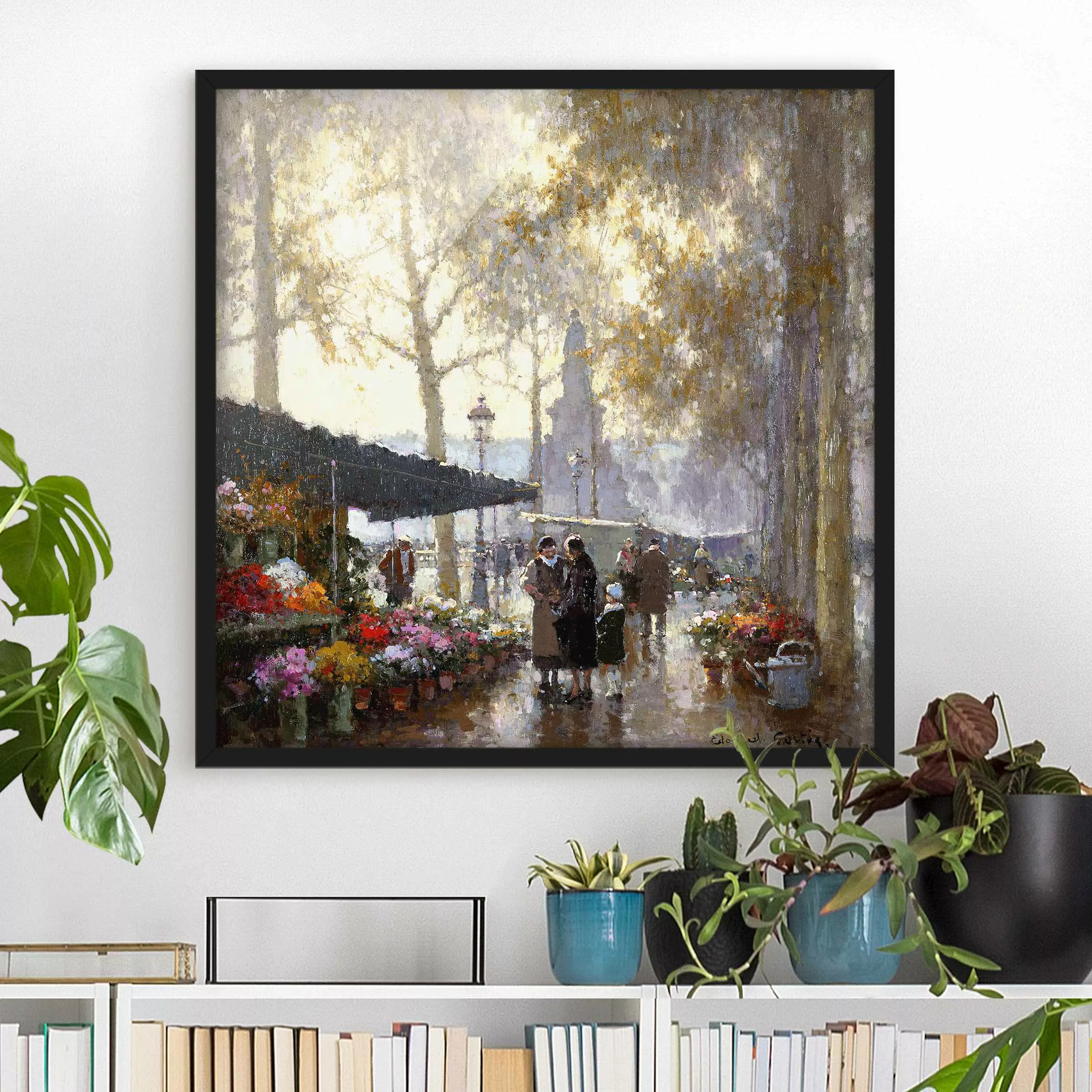 Bild mit Rahmen Kunstdruck - Quadrat Gaston de Latouche - Der Blumenmarkt günstig online kaufen