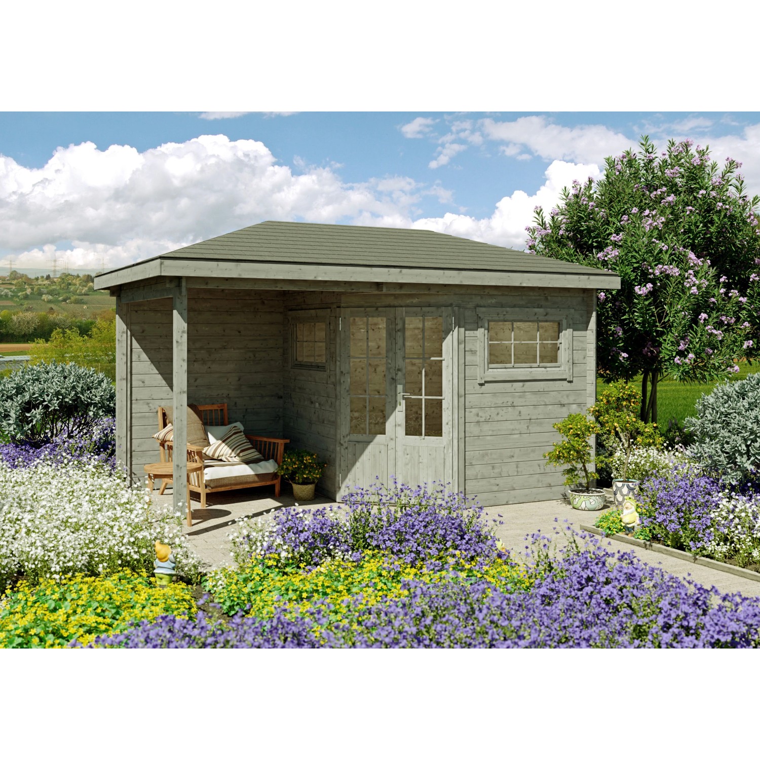 Fjordholz 5-Eck Gartenhaus Modell Evelyn 2B Grau Imprägniert günstig online kaufen
