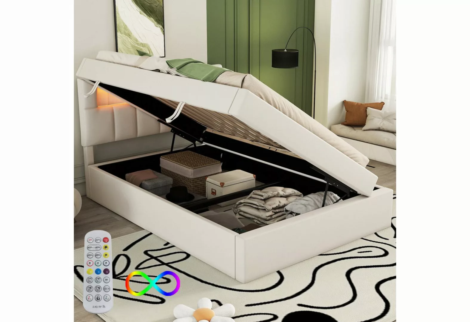 OKWISH Polsterbett Flachbett Stauraumbett (Ambientelicht über dem Bett, ein günstig online kaufen