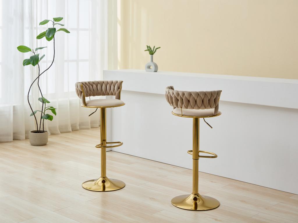 Barhocker 2er-Set höhenverstellbar - Samt & goldfarbenes Metall - Beige - L günstig online kaufen