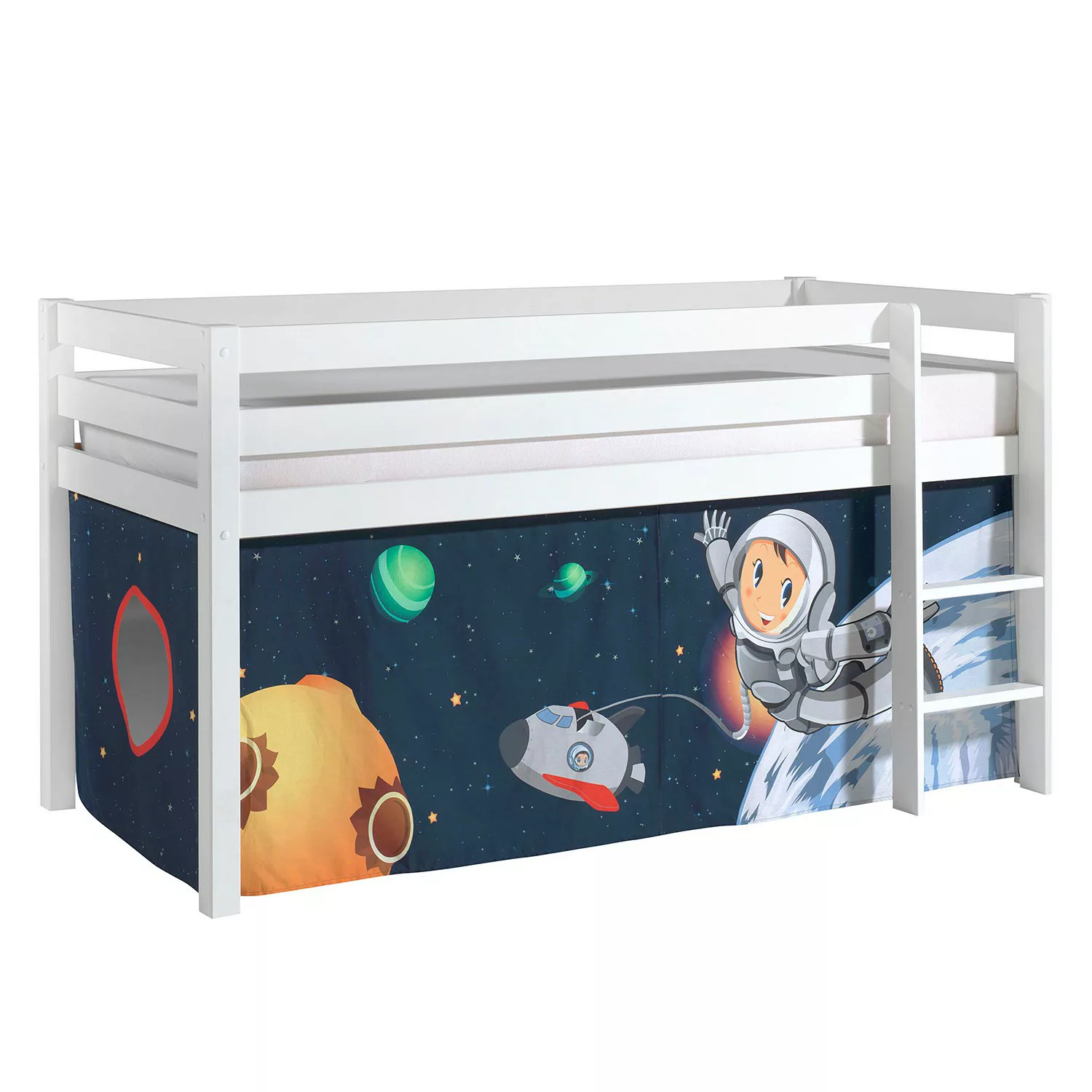 Hochbett Kinderzimmer PINOO-12 mit Textilset Spaceman in Kiefer massiv weiß günstig online kaufen