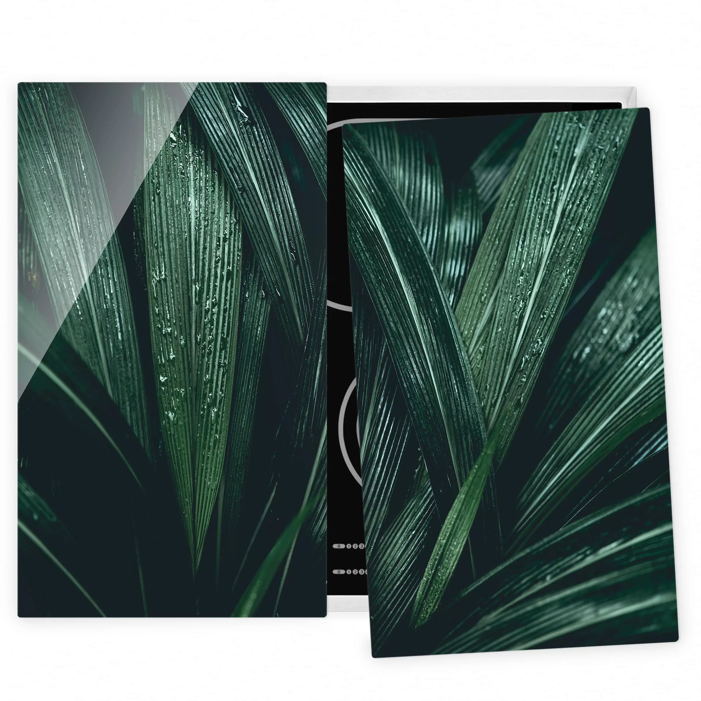 2-teilige Herdabdeckplatte Glas Botanik Grüne Palmenblätter günstig online kaufen