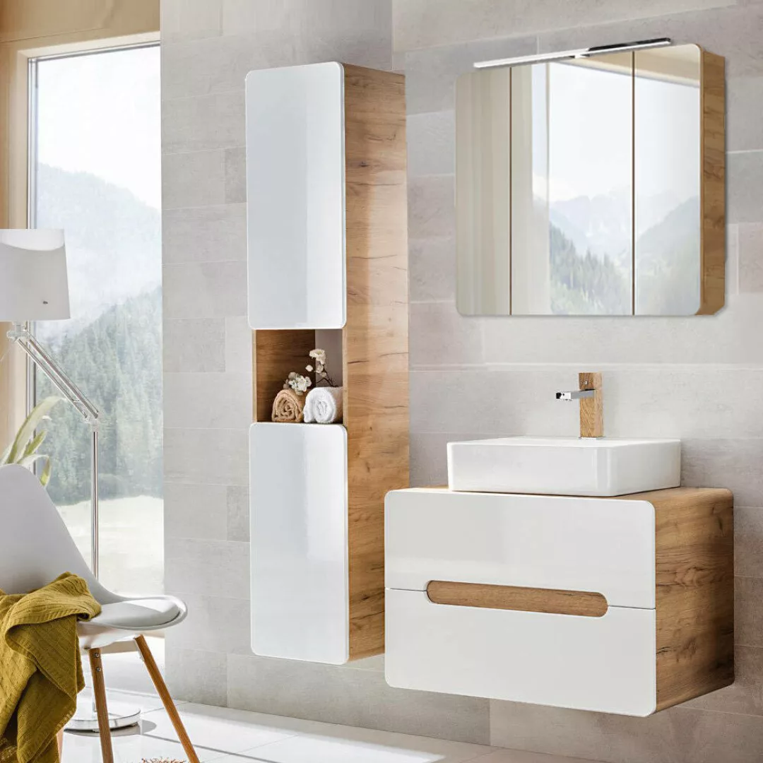Badezimmer Set mit LED-Spiegelschrank LUTON-56 Hochglanz weiß mit Wotan Eic günstig online kaufen