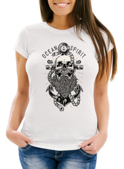 Neverless Print-Shirt Damen T-Shirt Skull Captain Anker Totenkopf Bart Kapi günstig online kaufen