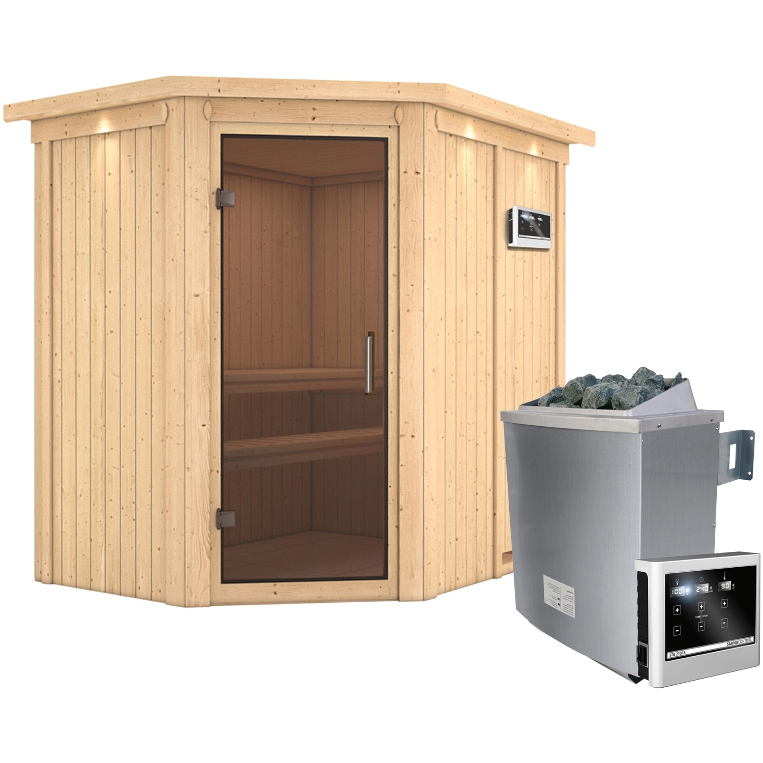 Karibu Sauna-Set Cleo inkl. Ofen 9 kW mit ext. Steuerung, Dachkranz, Tür Gr günstig online kaufen