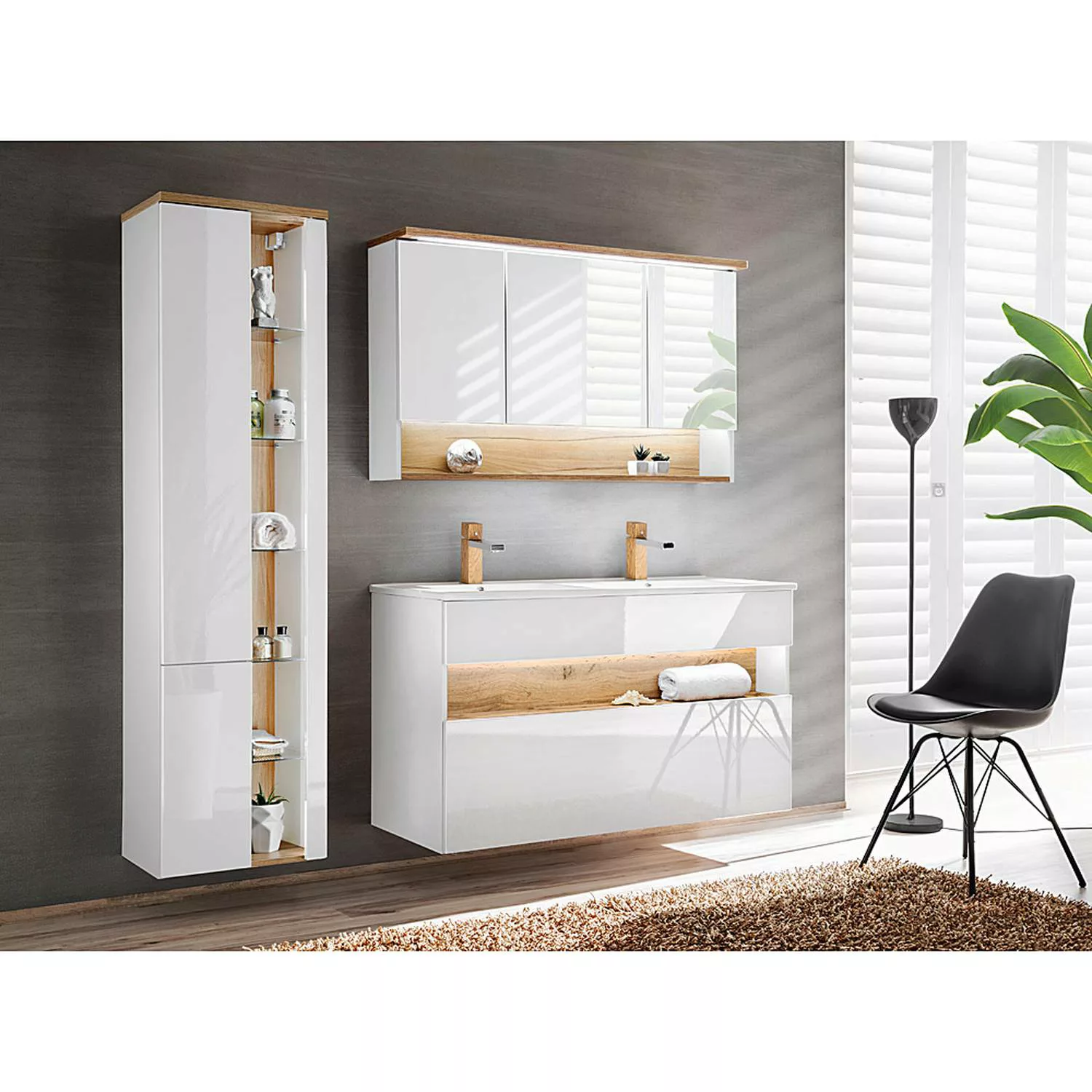 Badezimmer Set mit Doppel-Waschtisch inkl LED BERMUDA-56 in Weiß-Hochglanz günstig online kaufen