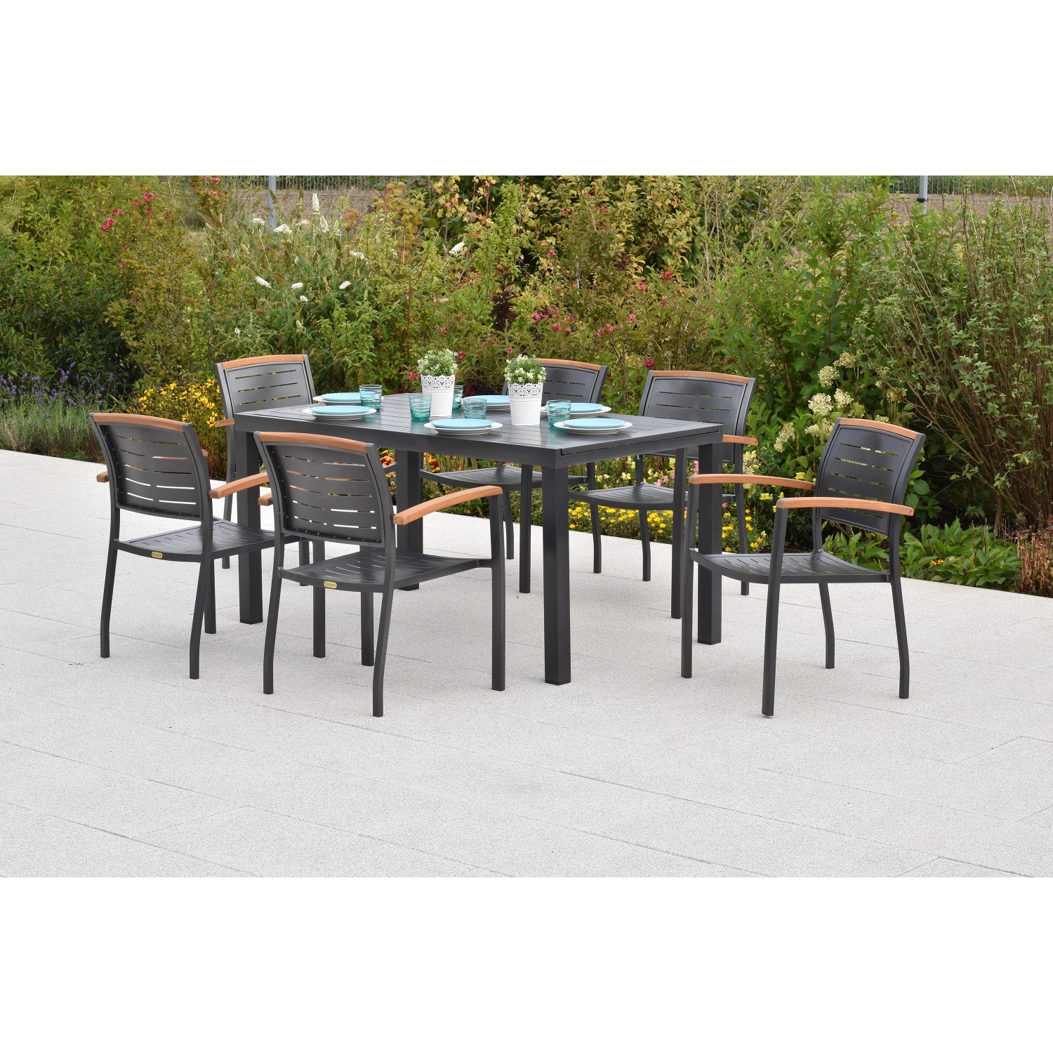 Merxx Tinos Set 7-tlg. 6 Stapelsessel Gartentisch Ausziehbar 150 (200) x 90 günstig online kaufen