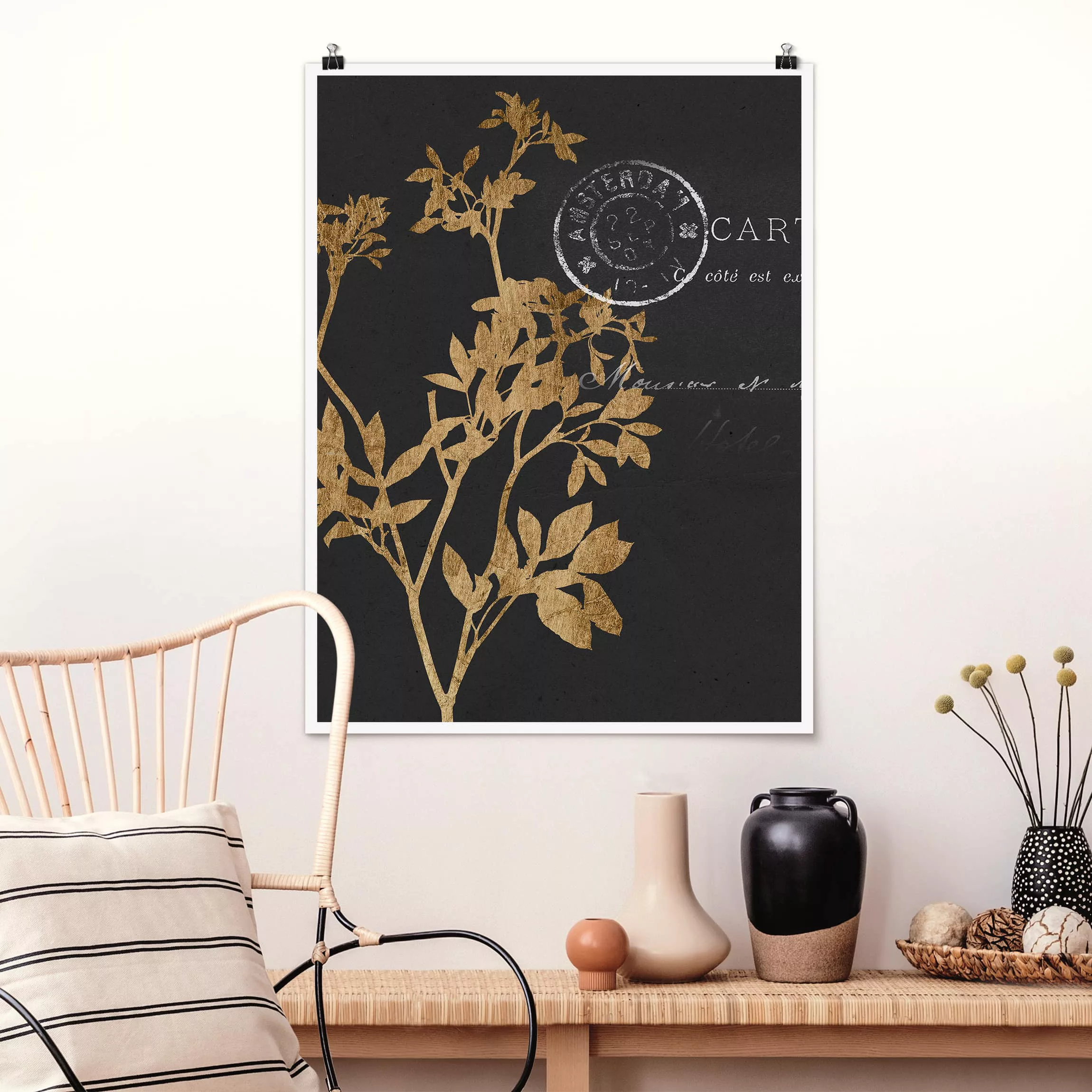 Poster Blumen - Hochformat Goldene Blätter auf Mokka I günstig online kaufen
