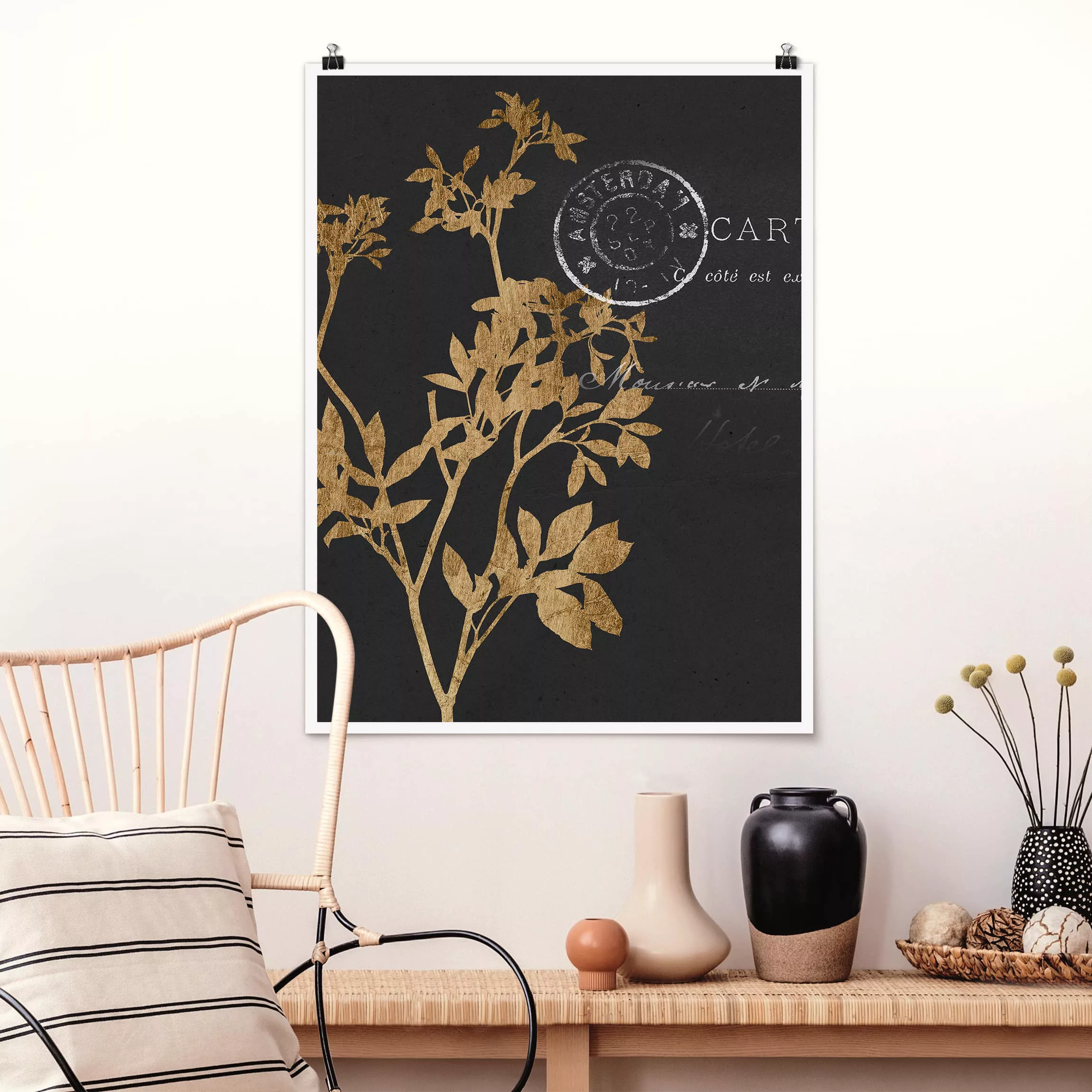 Poster - Hochformat Goldene Blätter auf Mokka I günstig online kaufen