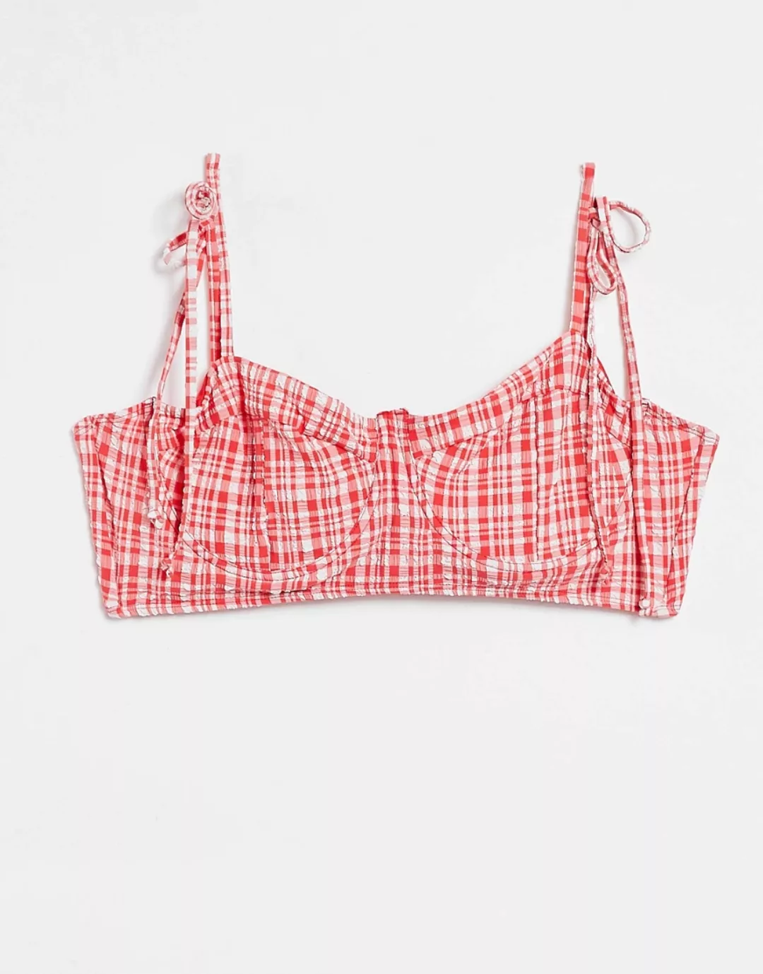 Warehouse – Mehrfarbiges Bikinioberteil mit Bügeln und Vichy-Karos-Rot günstig online kaufen