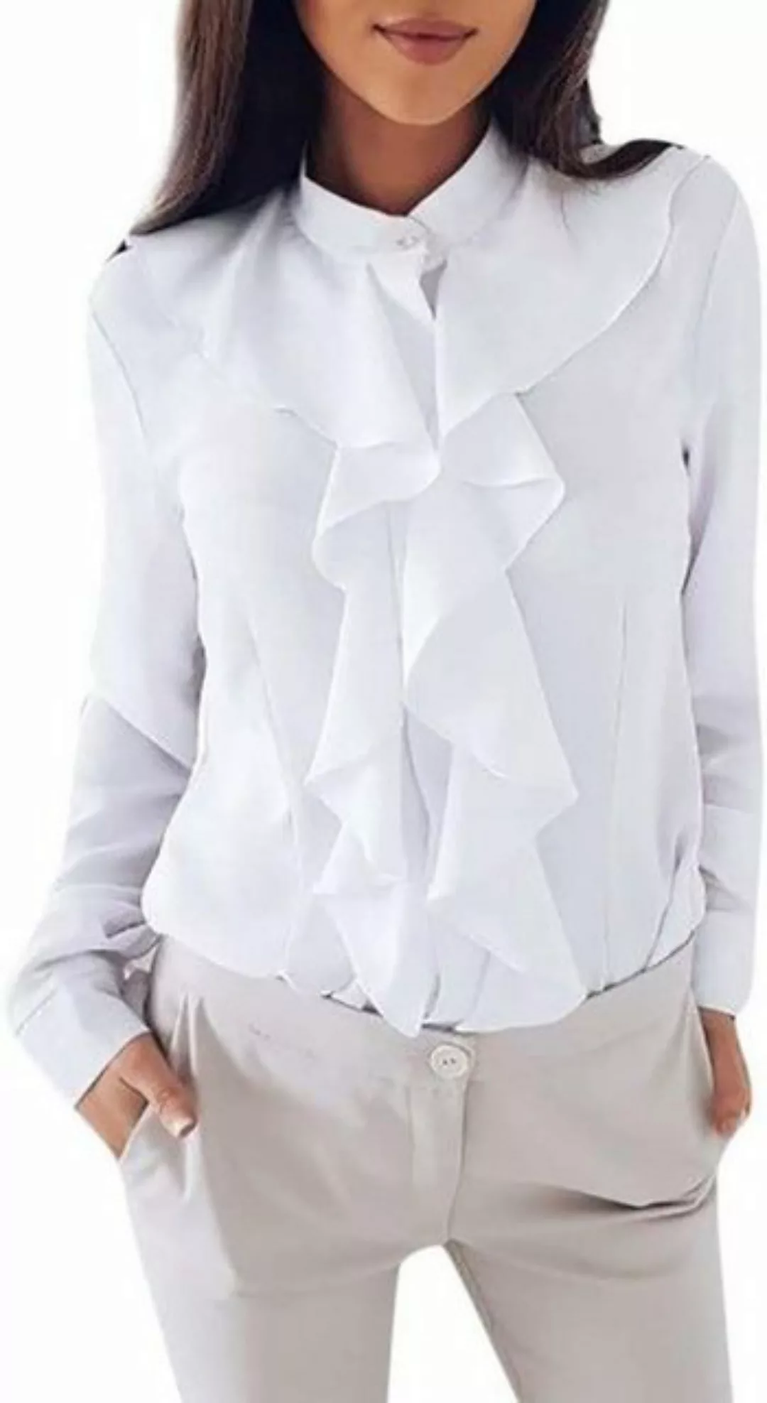 FIDDY Langarmshirt Bluse Tops Damen Einfarbig Langarm Rüschen-Front Shirt günstig online kaufen