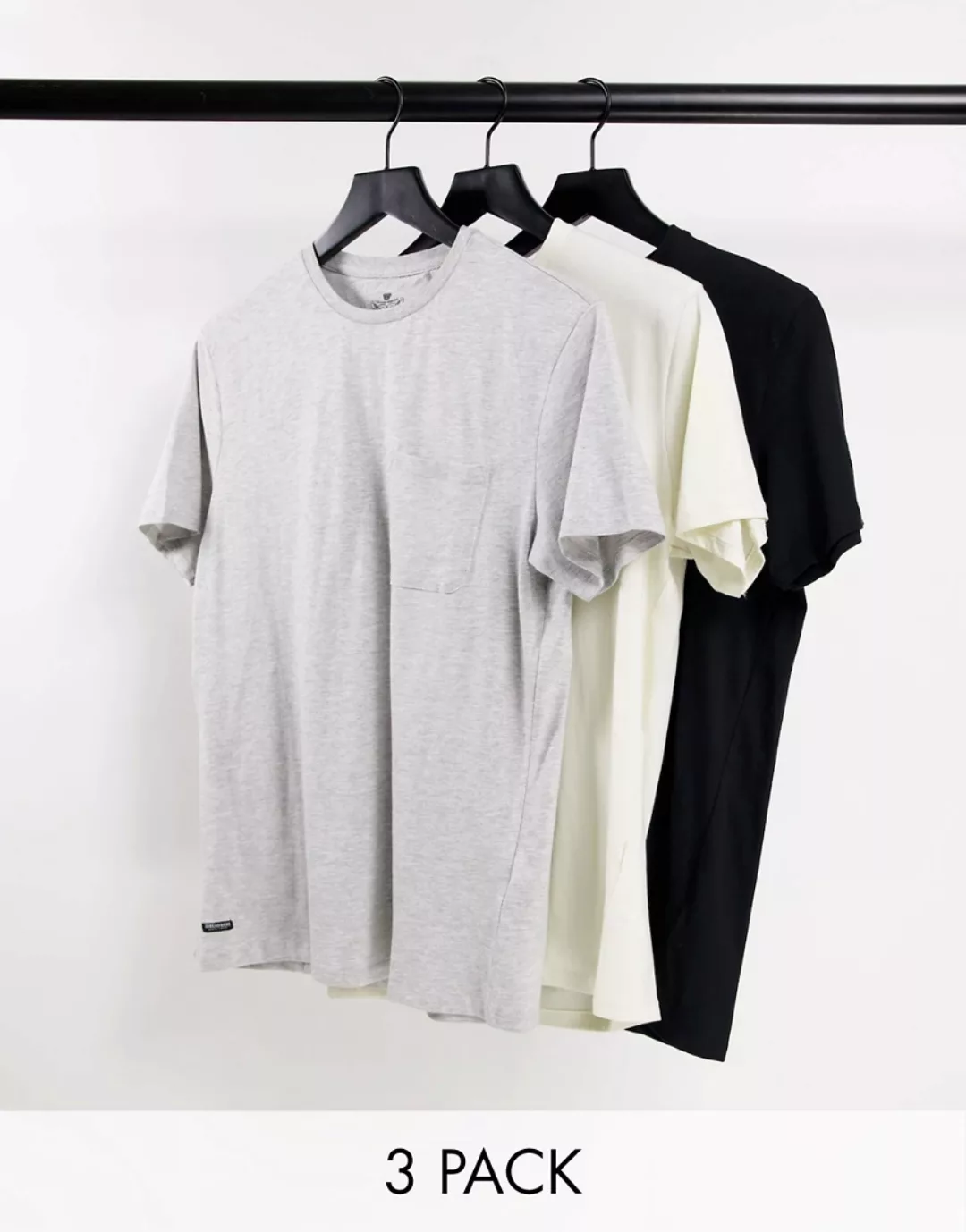 Threadbare – 3er-Pack T-Shirts mit Brusttasche in Schwarz, Hellgrau und Cre günstig online kaufen