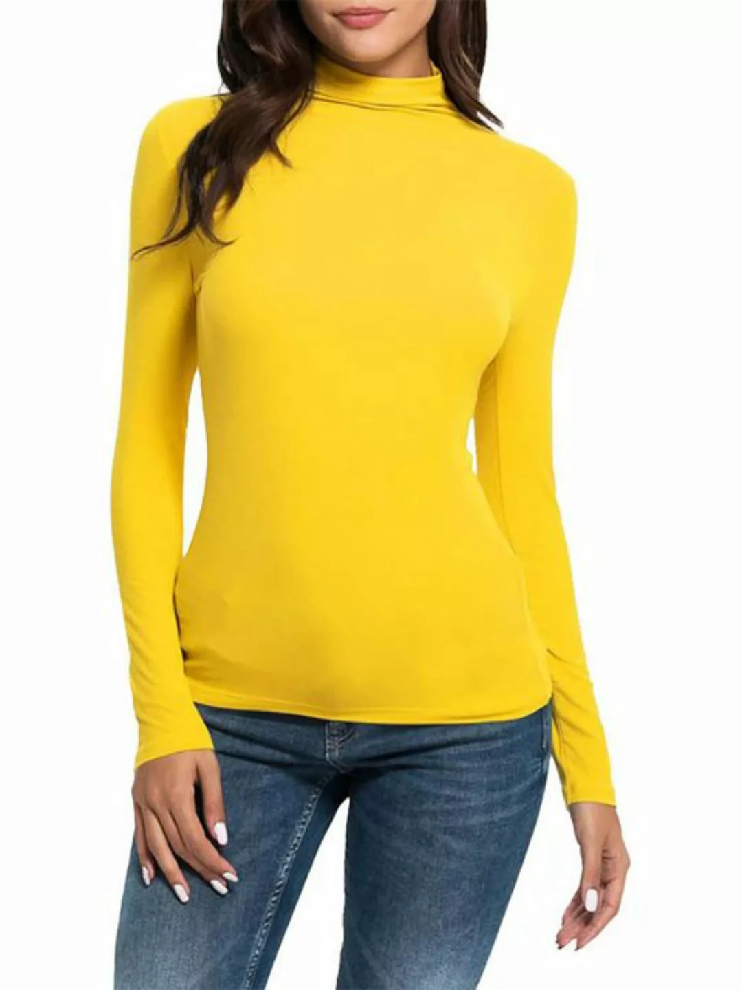 KIKI T-Shirt Damen Casual Solid Langarm Mock Rollkragen Bluse Tops Slim Fit günstig online kaufen