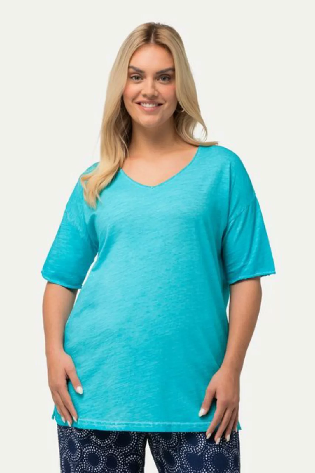 Ulla Popken Rundhalsshirt T-Shirt cold dyed Oversized V-Ausschnitt Halbarm günstig online kaufen