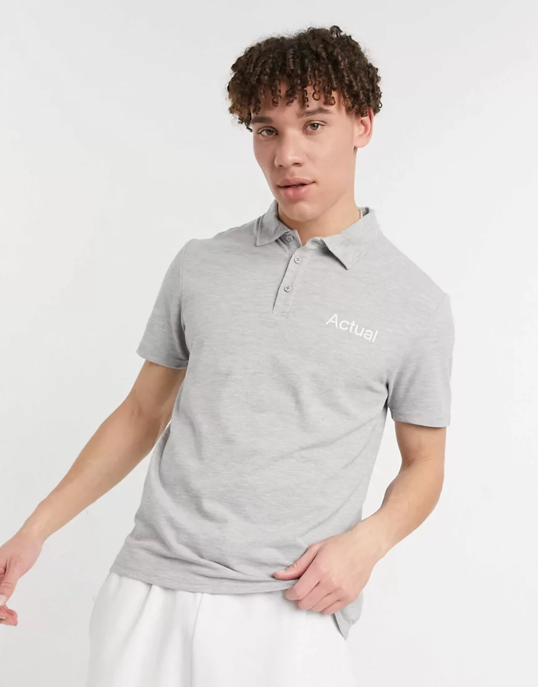 ASOS – Actual – Kurzärmliges Polohemd in Grau mit Logo günstig online kaufen