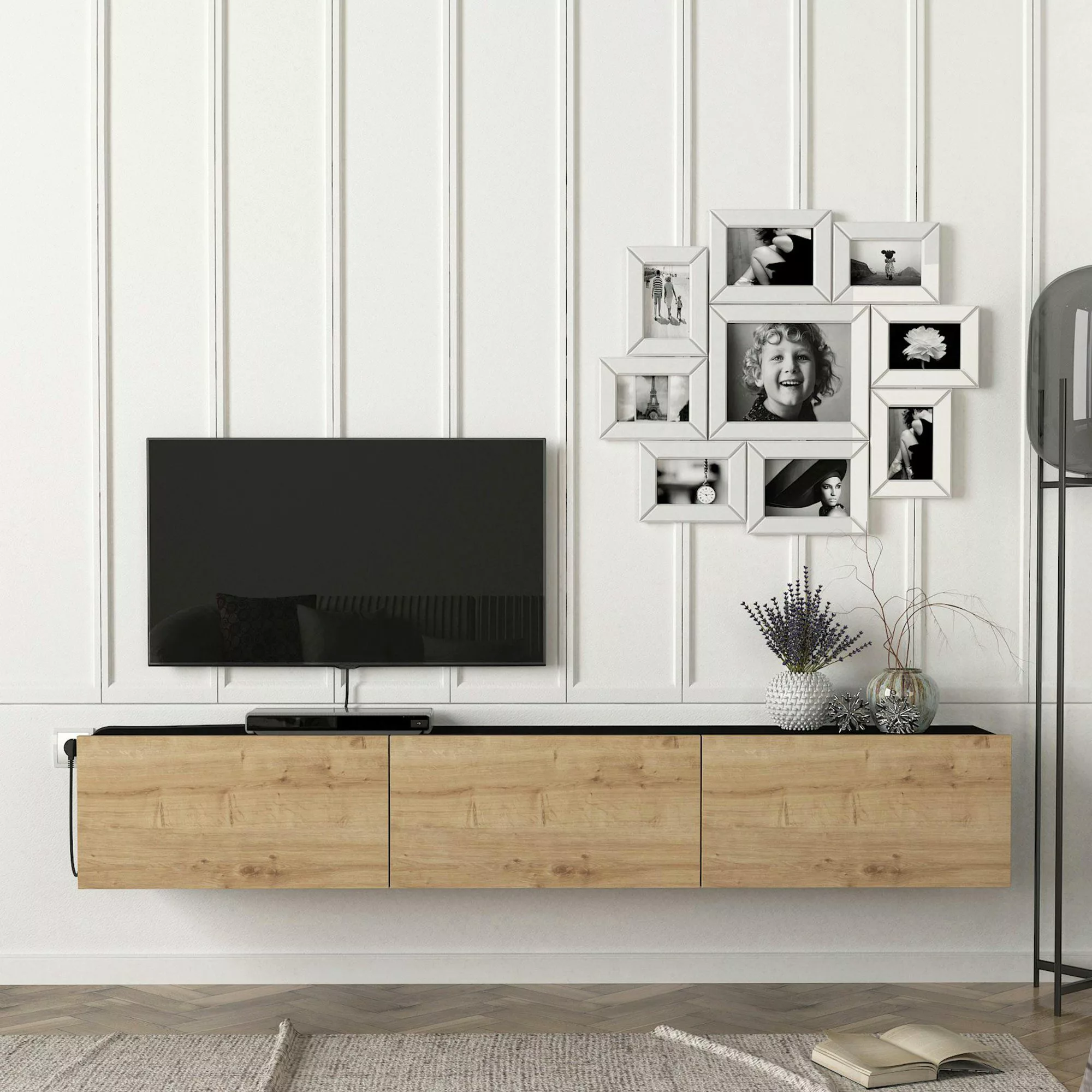 en.casa TV-Schrank »Vihti« Fernsehschrank 180x31x29,5cm Eiche/Schwarz günstig online kaufen