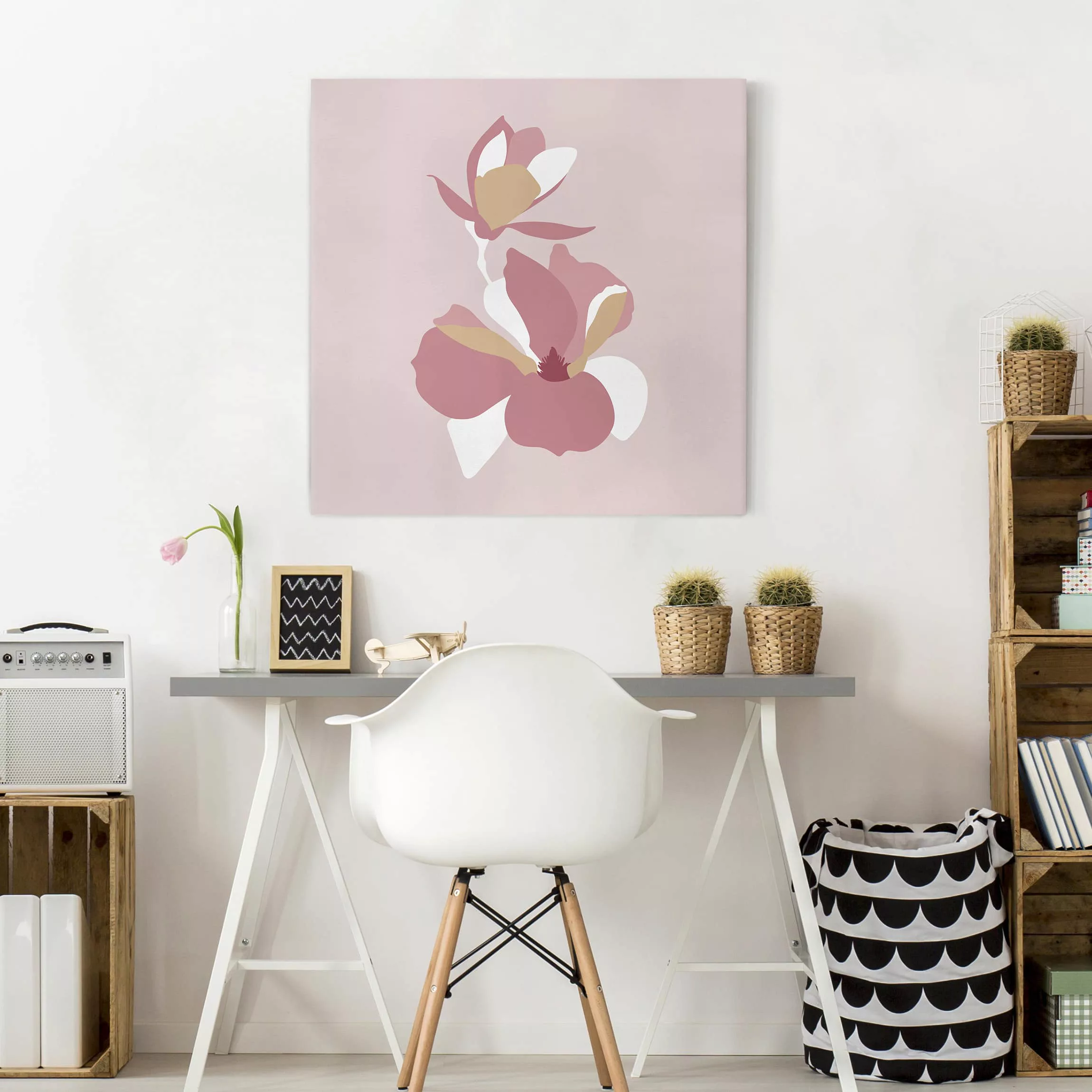 Leinwandbild Blumen - Quadrat Line Art Blüten Pastell Rosa günstig online kaufen