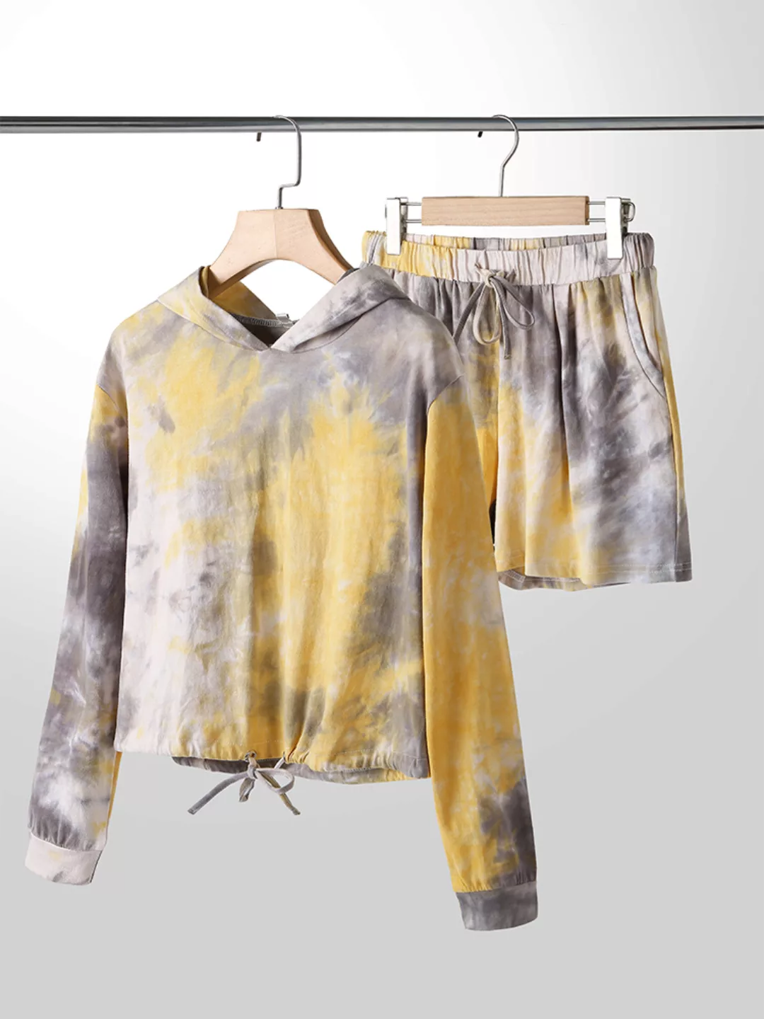 Plus Größe Damen Tie Dye Baumwolle Langarm Kapuze Kordelzug Shorts Pyjamas günstig online kaufen