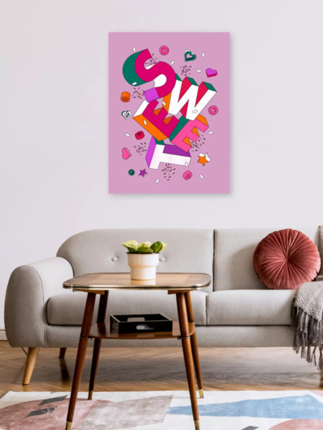Poster / Leinwandbild - Sweet - Colorful 3d Typography On Pink günstig online kaufen
