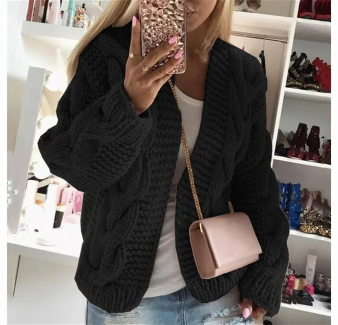 RUZU UG Cardigan Pullover Damen-Strickjacke mit grobem, dickem Faden und Tw günstig online kaufen