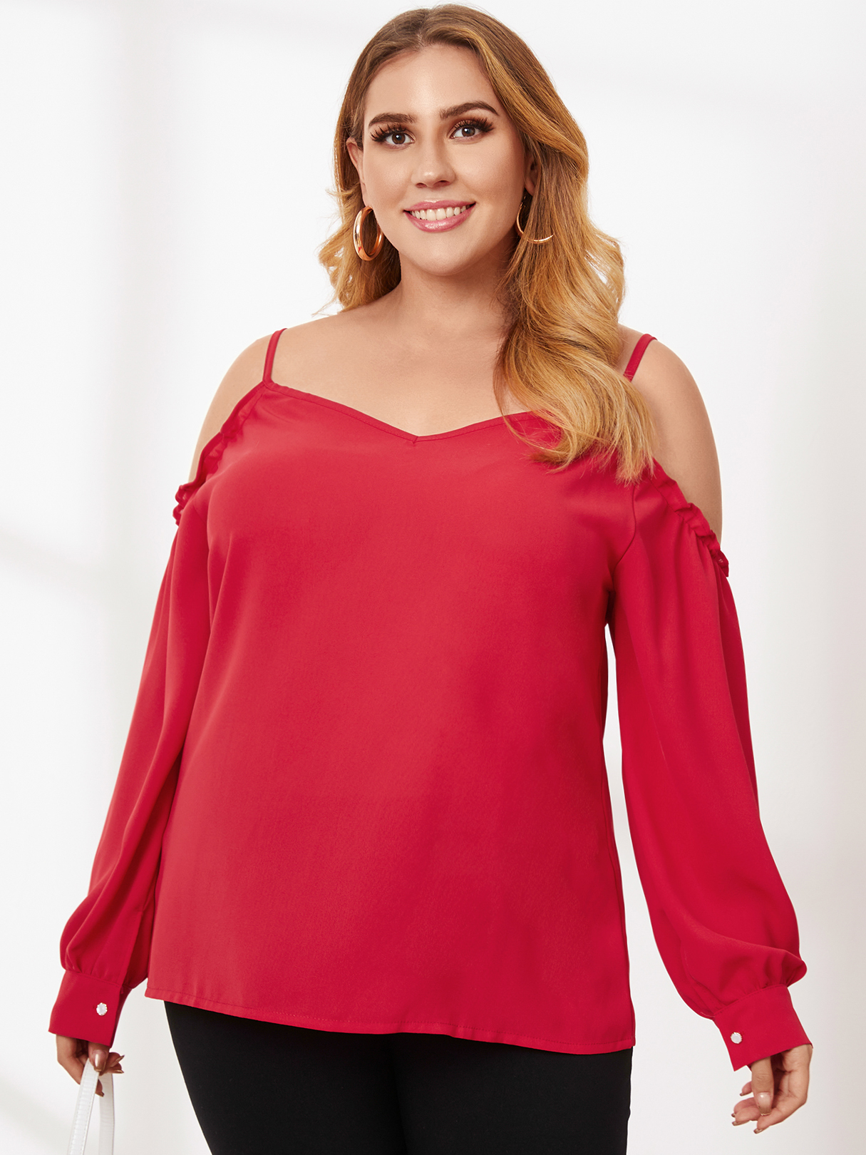 Plus Size Cold Shoulder Bluse mit langen Ärmeln günstig online kaufen