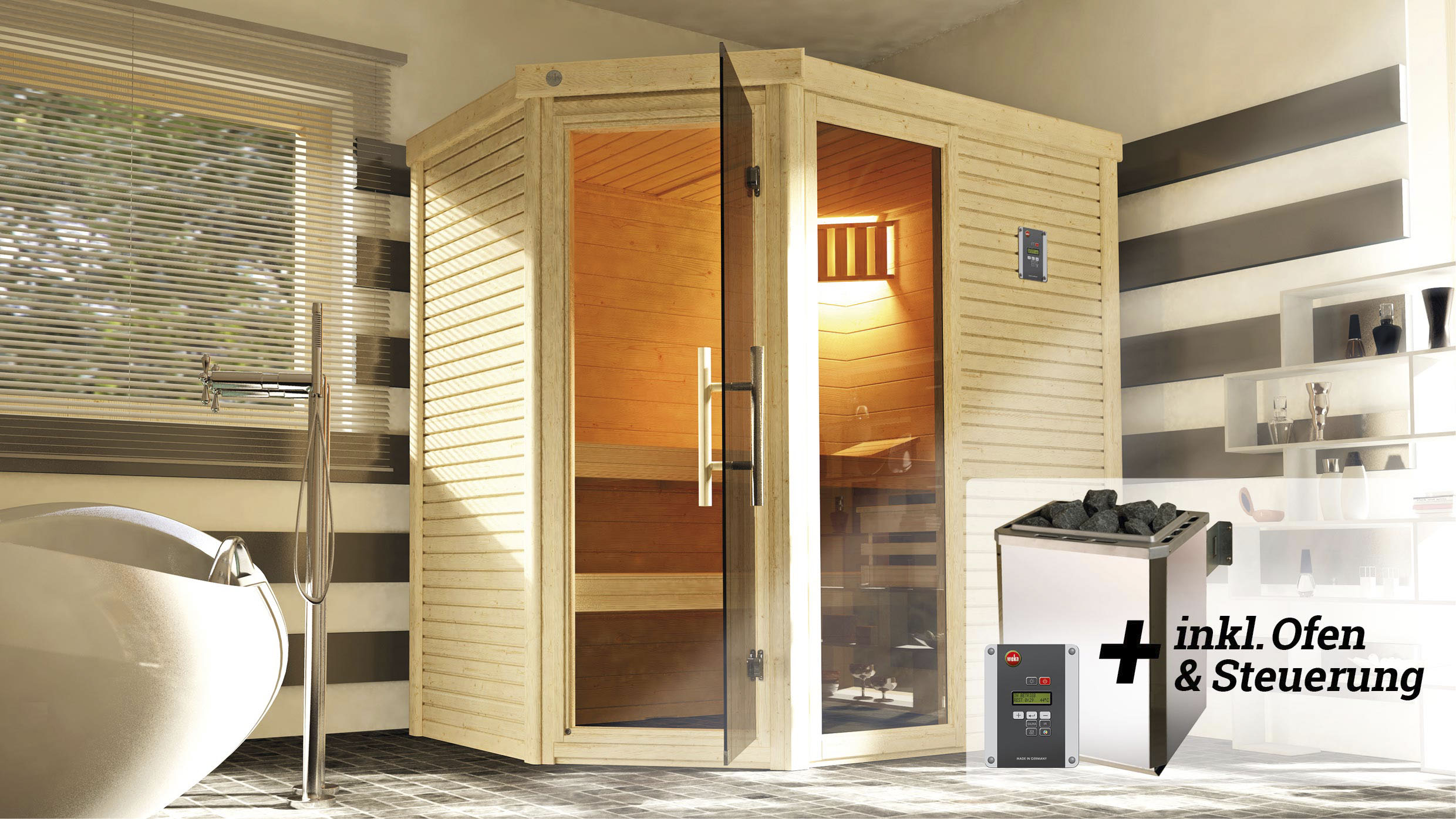 Weka Design-Sauna Cubilis 2 Sparset 7,5 kW OS digi. Steuerung Glastür Fenst günstig online kaufen