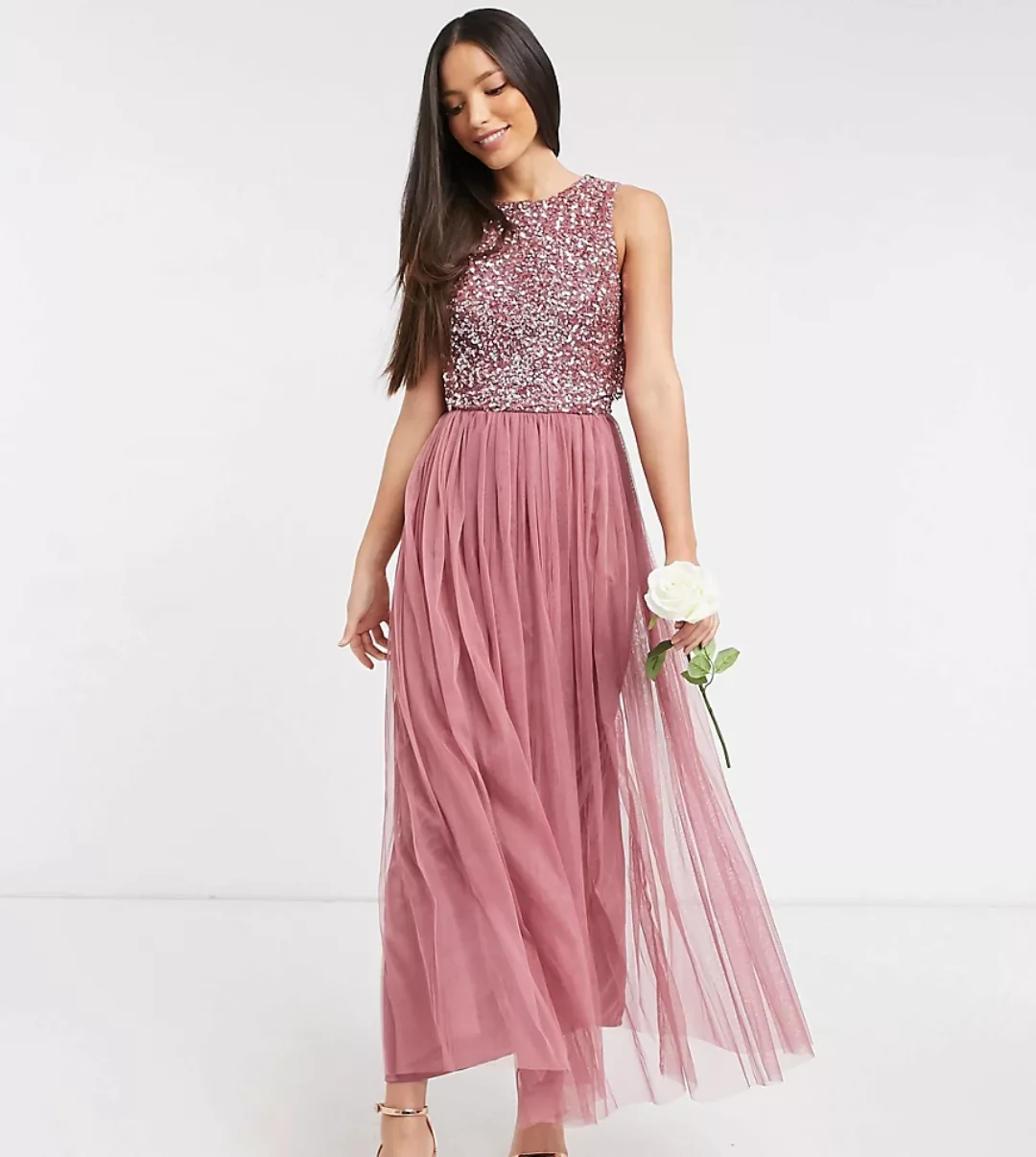 Maya Tall – Bridesmaid – Zartes, wadenlanges 2in1 Paillettenkleid in Rosé-R günstig online kaufen