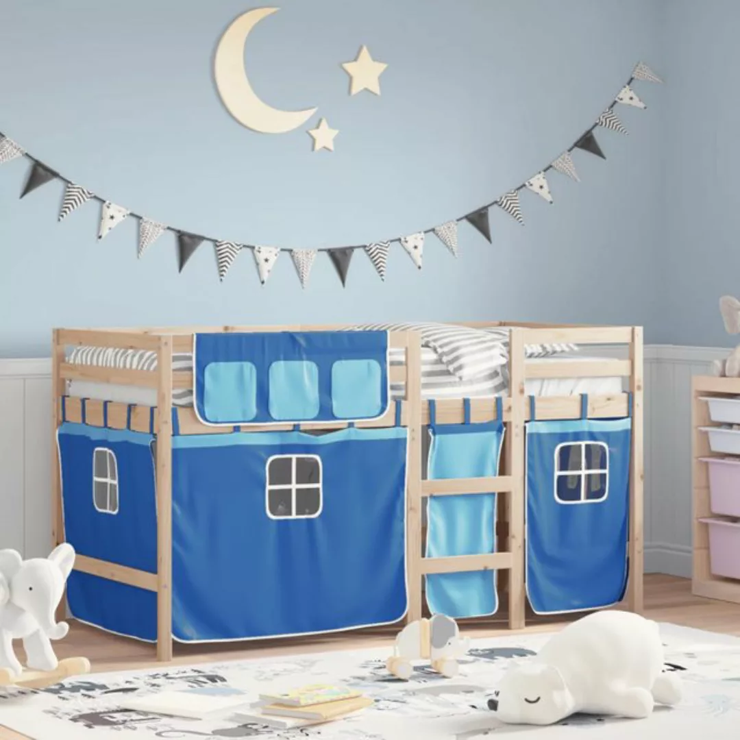 vidaXL Kinderbett Kinderhochbett mit Vorhängen Blau 80x200 cm Massivholz Ki günstig online kaufen