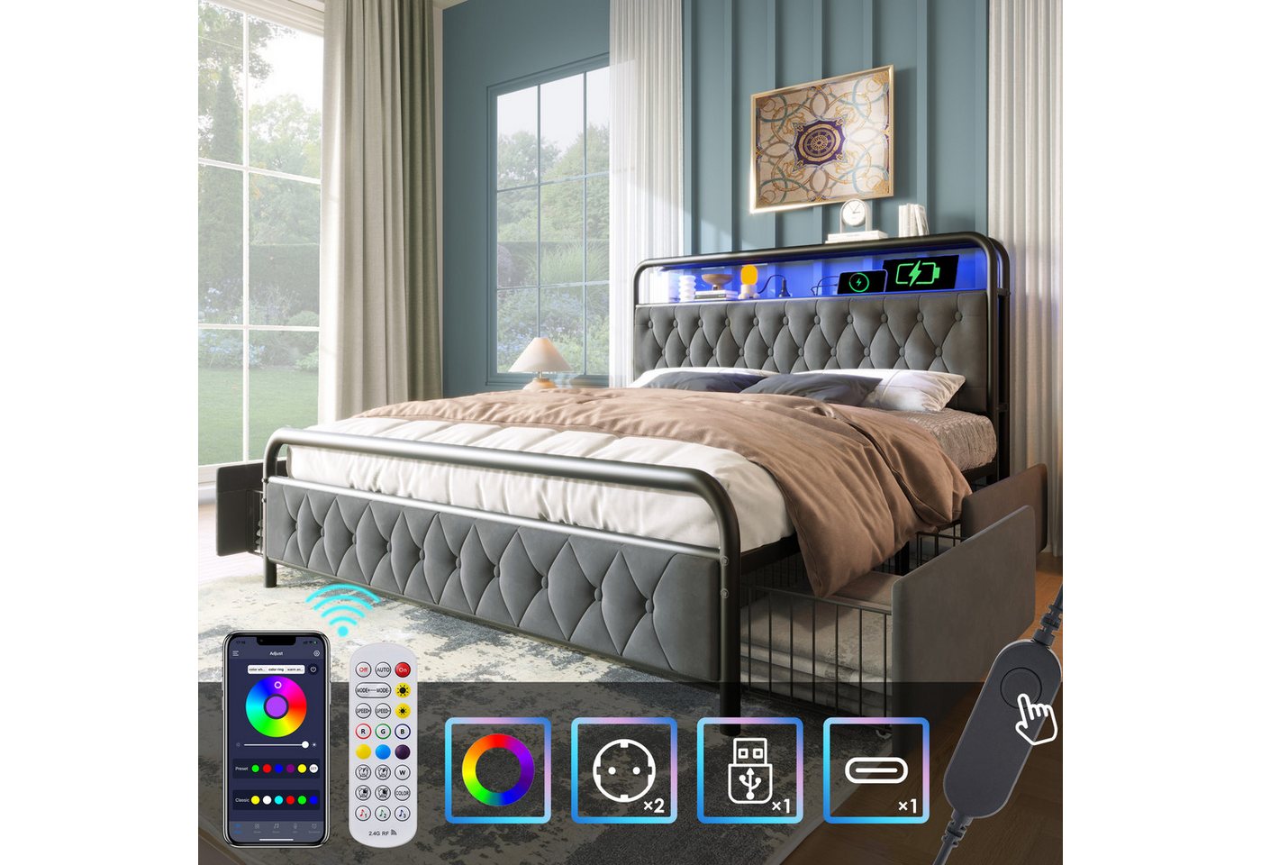 MC Star Bett Polsterbett Doppelbett mit aufladen USB Type C Ladefunktion AP günstig online kaufen