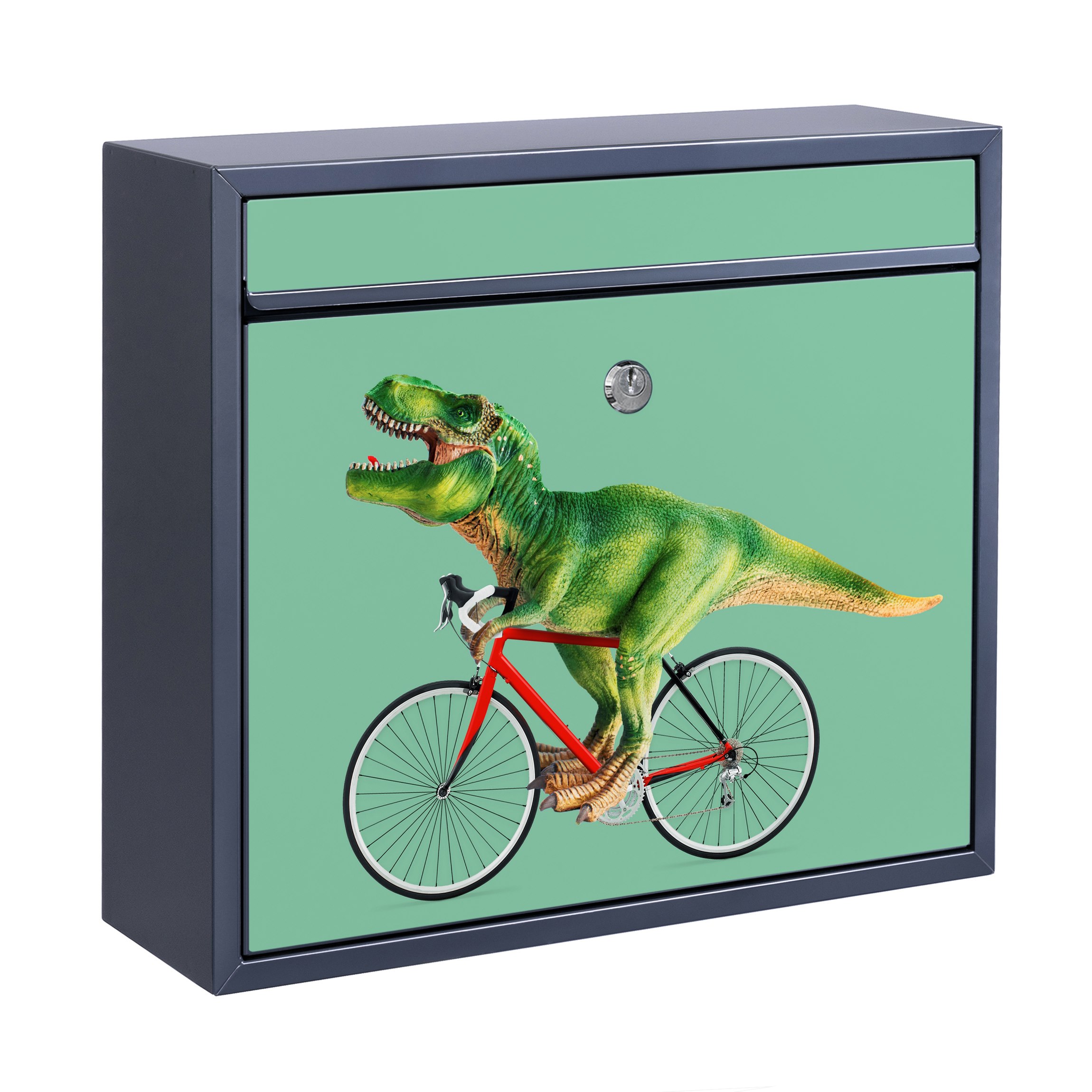 Briefkasten mit eigenem Text Dinosaurier mit Fahrrad günstig online kaufen