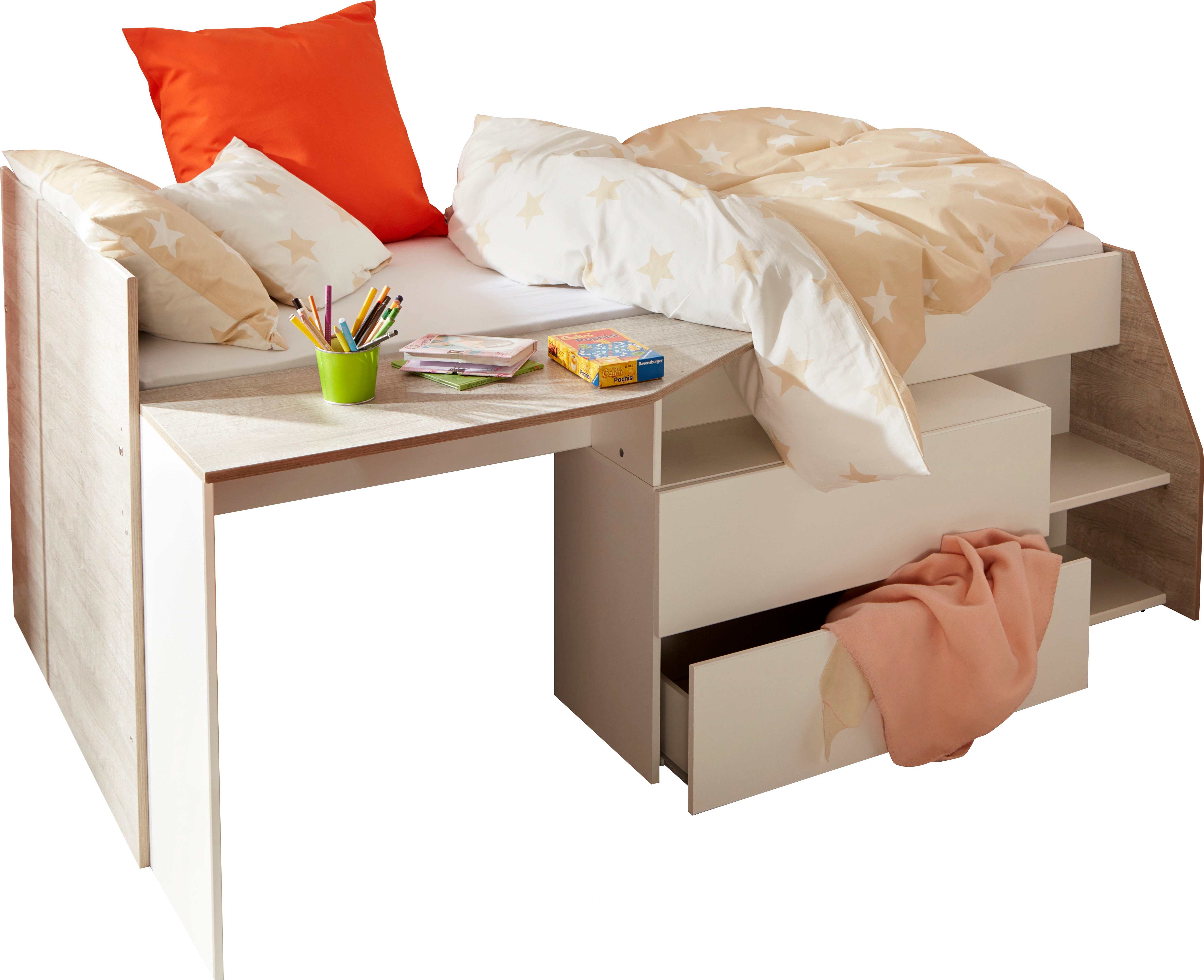 Kinderbett mit Schreibtisch & Stauraum - 90 x 190/200 cm - Weiß & Naturfarb günstig online kaufen