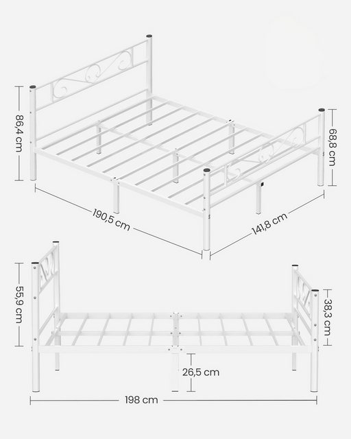 VASAGLE Bettgestell (140 x 190 cm), aus Metall, Bettrahmen, hochtragfähig, günstig online kaufen