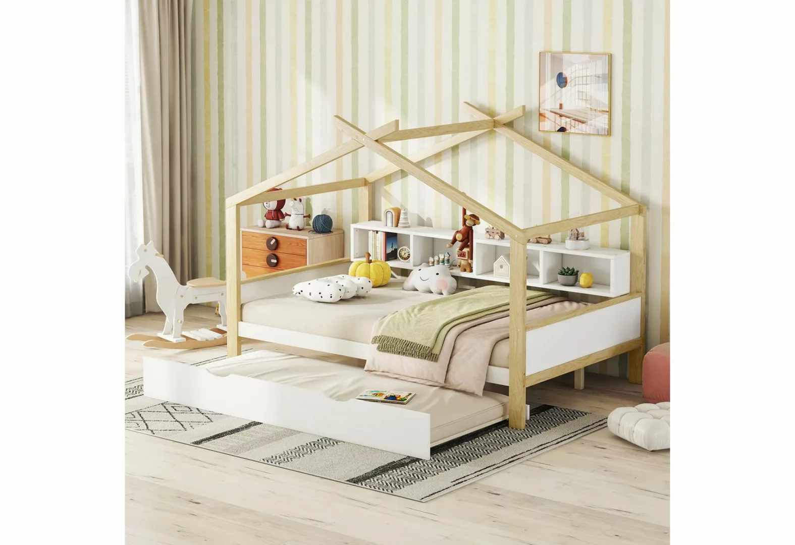 HAUSS SPLOE Kinderbett 140*200cm Hausbett mit Ausziehbett, vier Staufächern günstig online kaufen