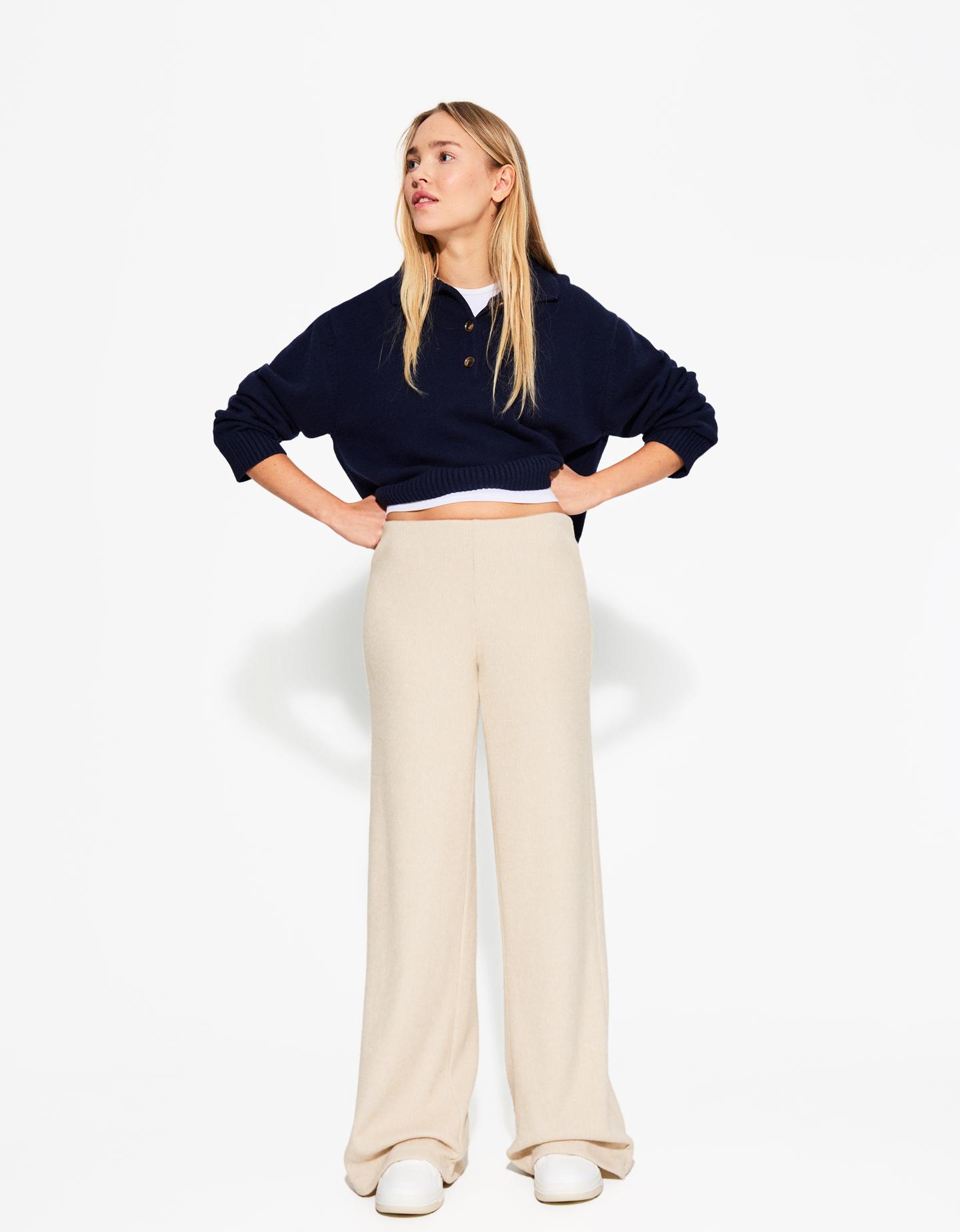 Bershka Soft Touch Hose Wide-Leg Rib Damen 10-12 Camel günstig online kaufen