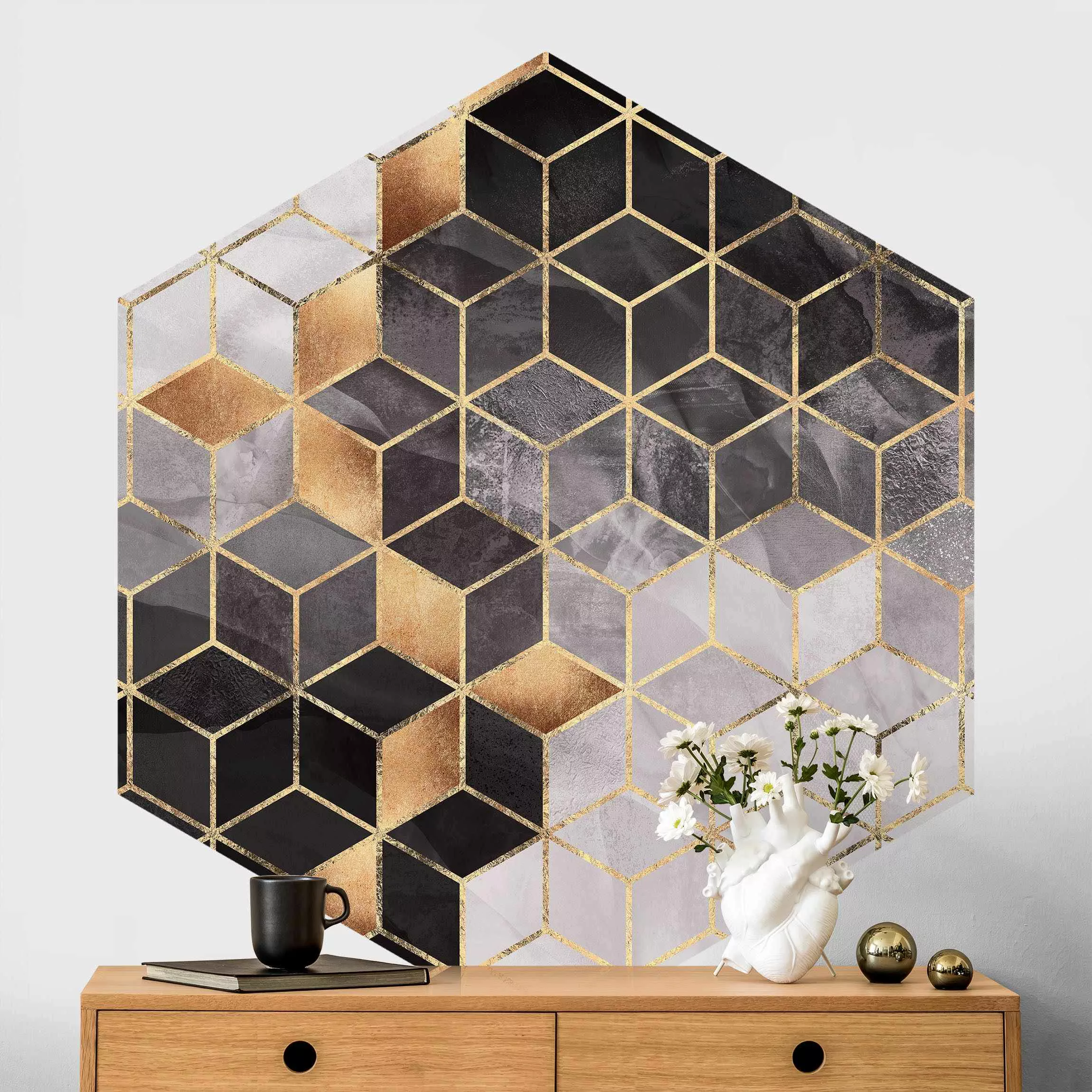 Hexagon Mustertapete selbstklebend Schwarz Weiß goldene Geometrie günstig online kaufen