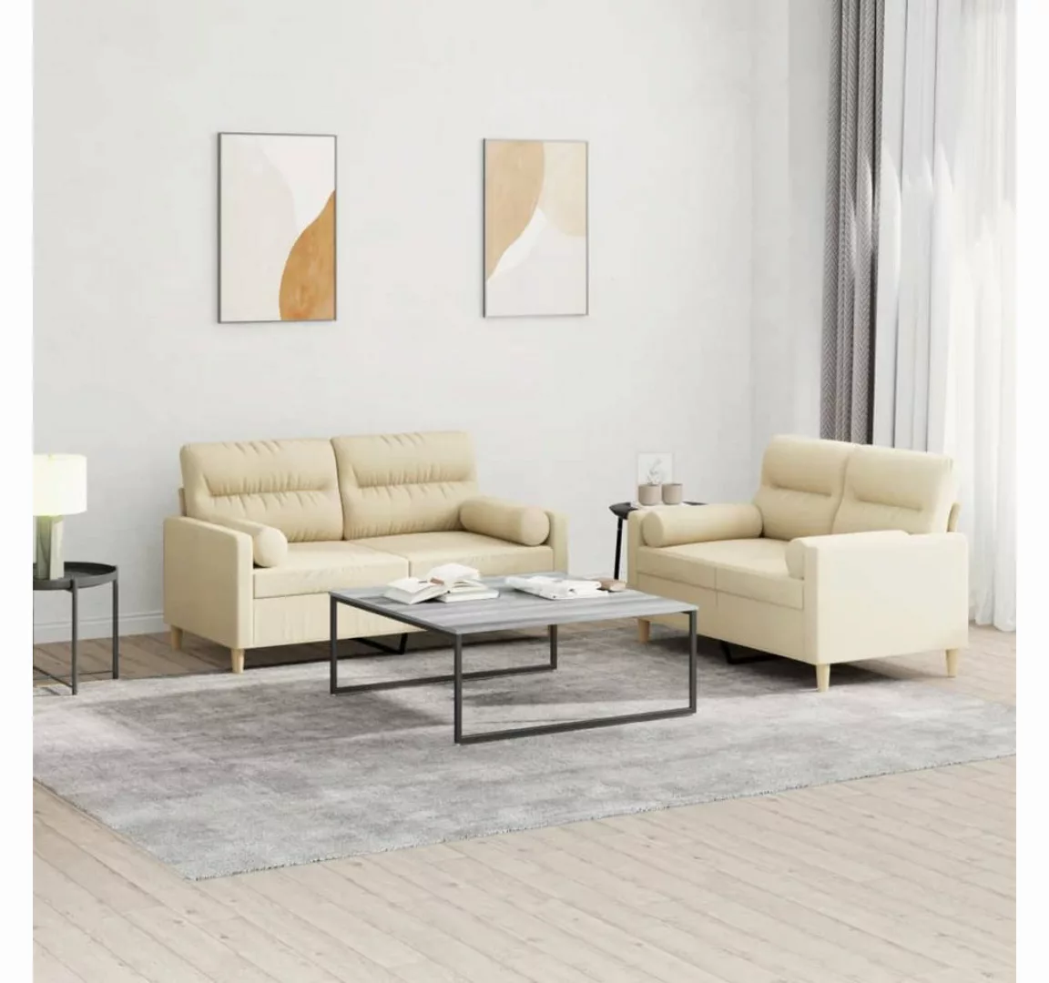 vidaXL Sofa Sofagarnitur Set mit Kissen Stoff, 2-tlg., Creme günstig online kaufen