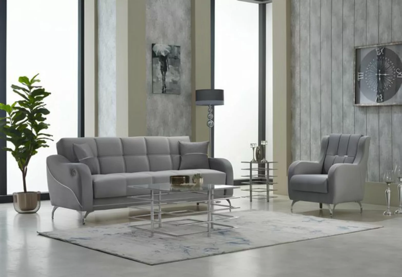 JVmoebel Sofa Komplette Sofas Dreisitzer Sessel Polstersofa Stoff Beige 2tl günstig online kaufen