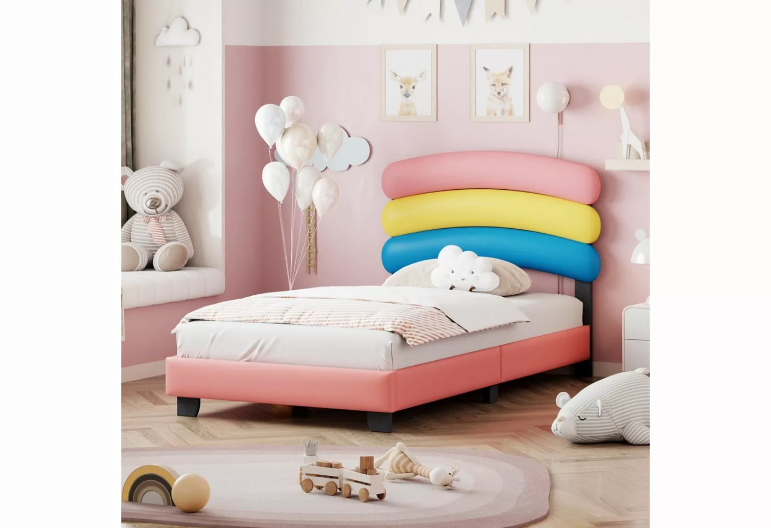 Flieks Polsterbett, Kinderbett Einzelbett mit Regenbogen Kopfteil 90x200cm günstig online kaufen