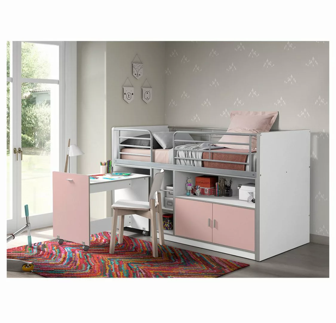 Lomadox Hochbett 90x200cm, mit rollbarem Schreibtisch und Stauraum, weiß/ro günstig online kaufen