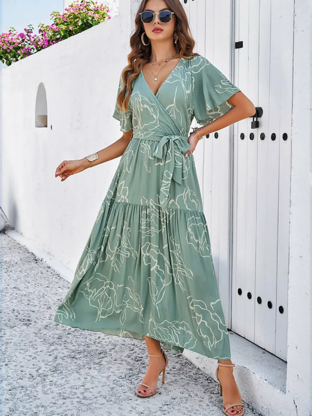 DEBAIJIA Dirndl Sommerkleid Damen Blumenmuster Kleid Elegant Freizeiturlaub günstig online kaufen