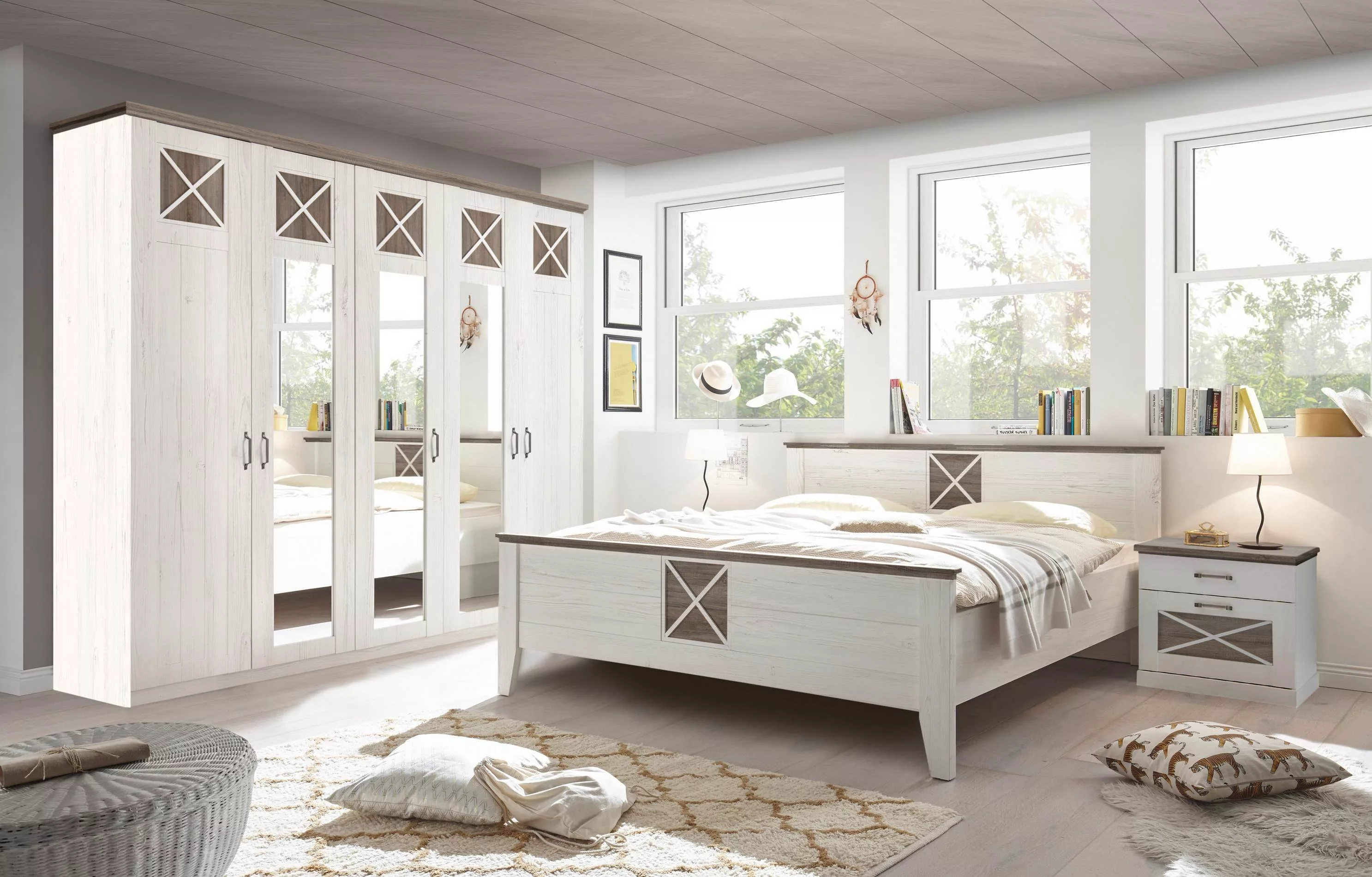 Schlafzimmer Set weiss mit Bett 180x200 + Schrank 254 cm + 2x Nachttische P günstig online kaufen