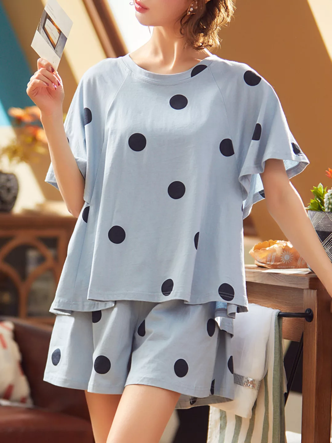 Damen Polka Dot Softies Pyjamas-Sets Lässige Kurzarm-Nachtwäsche mit O-Auss günstig online kaufen