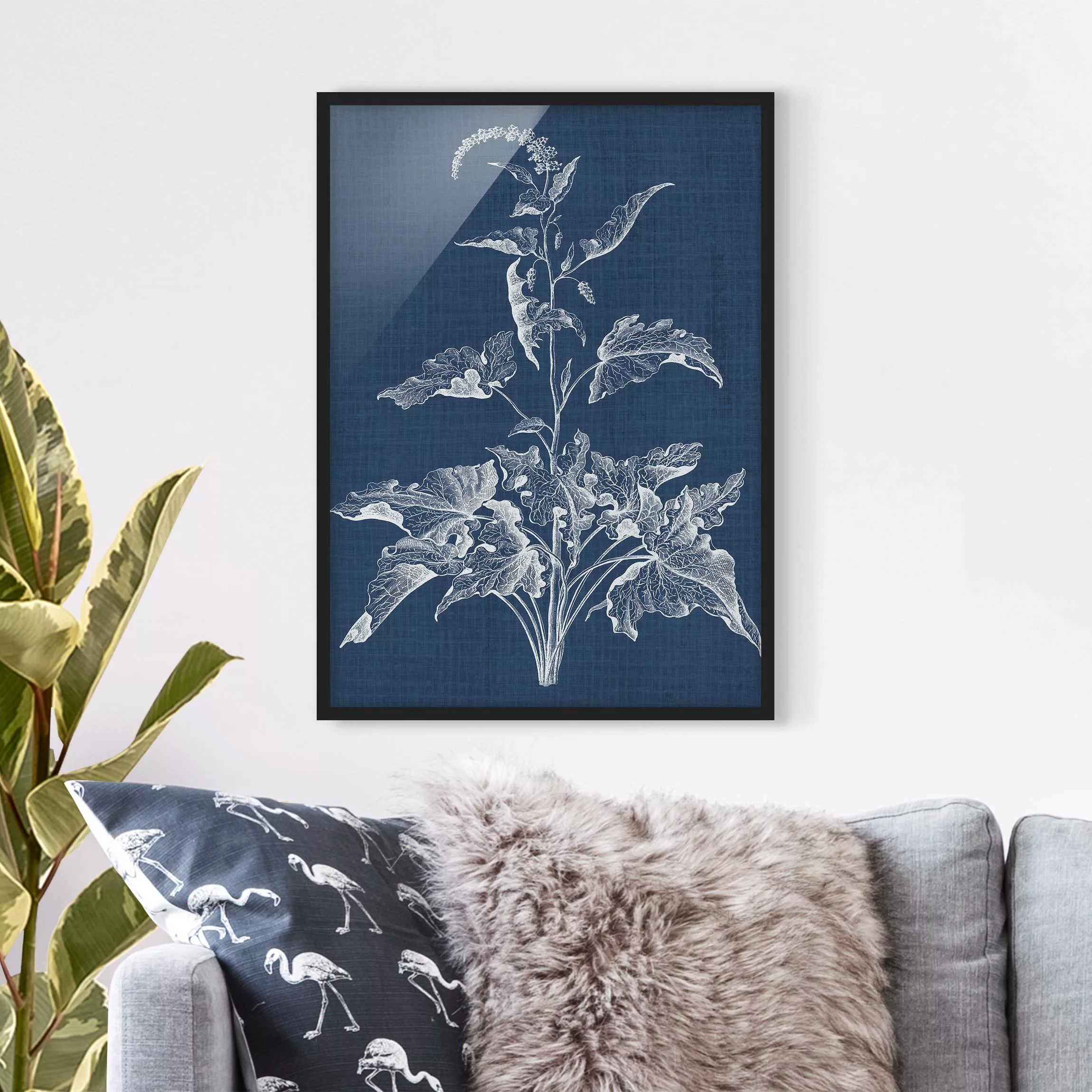 Bild mit Rahmen Blumen - Hochformat Denim Pflanzenstudie II günstig online kaufen