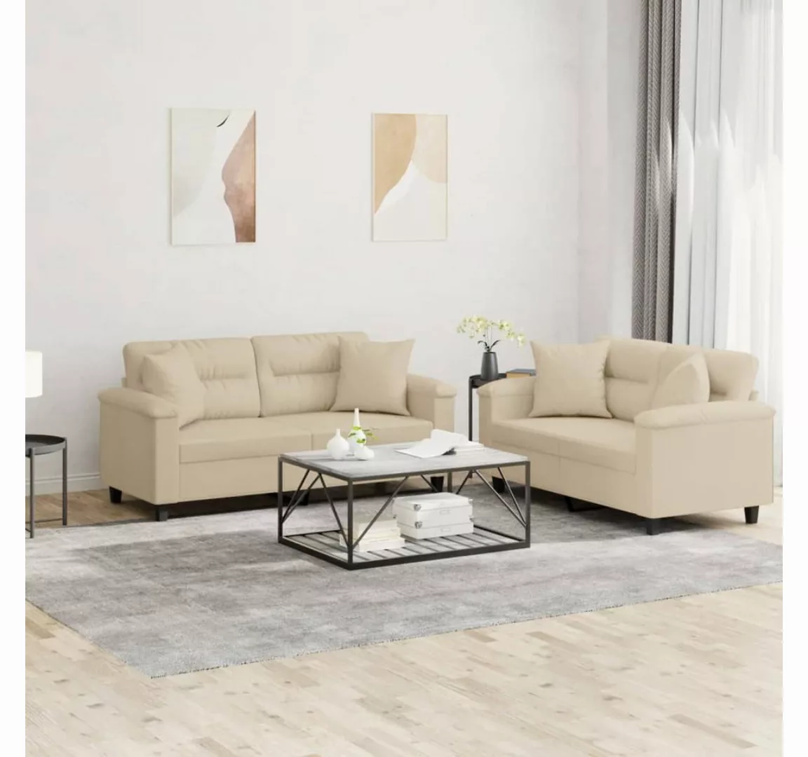 vidaXL Sofa Sofagarnitur Set mit Kissen Mikrofasergewebe, 2-tlg., Creme günstig online kaufen