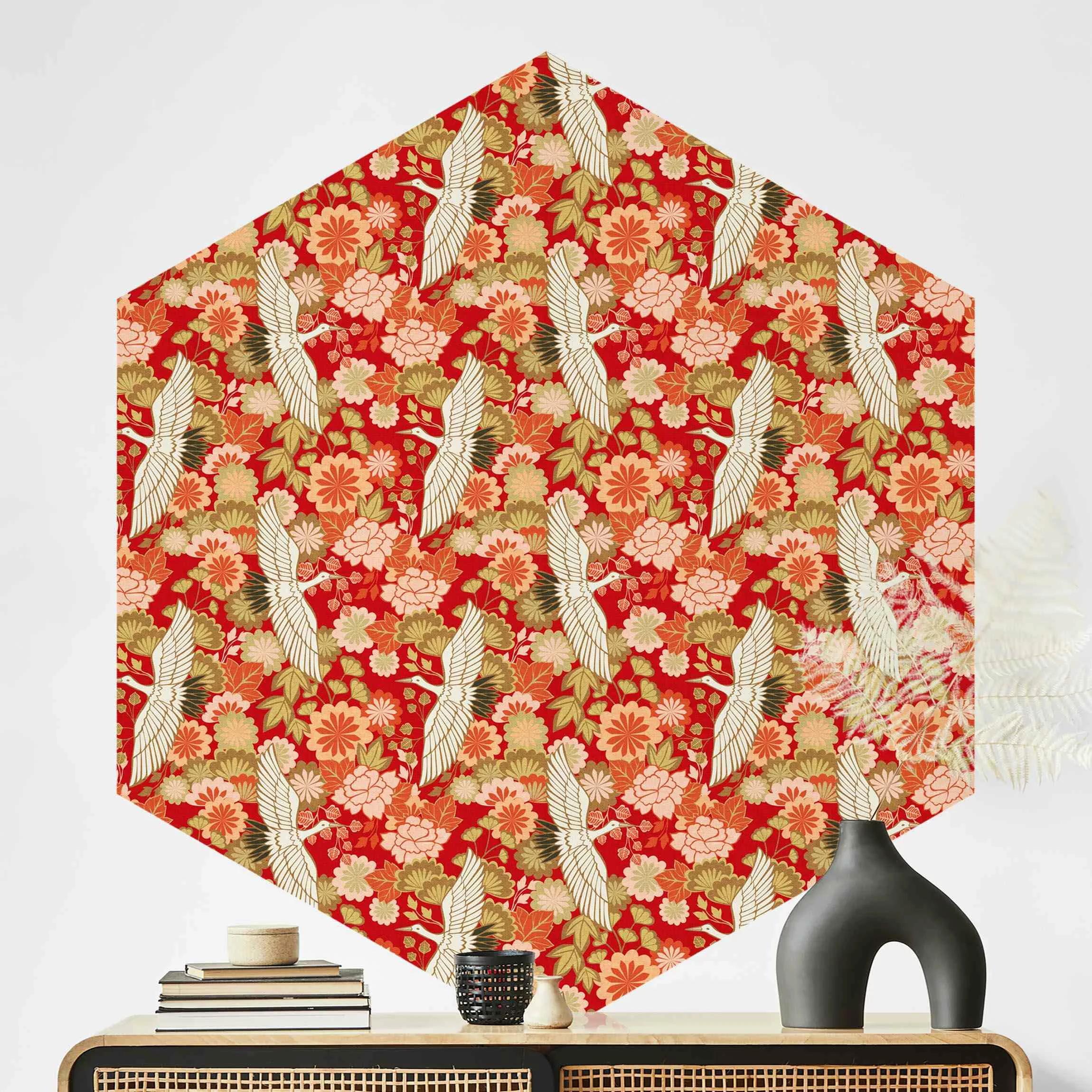 Hexagon Tapete selbstklebend Kraniche und Chrysanthemen Rot günstig online kaufen