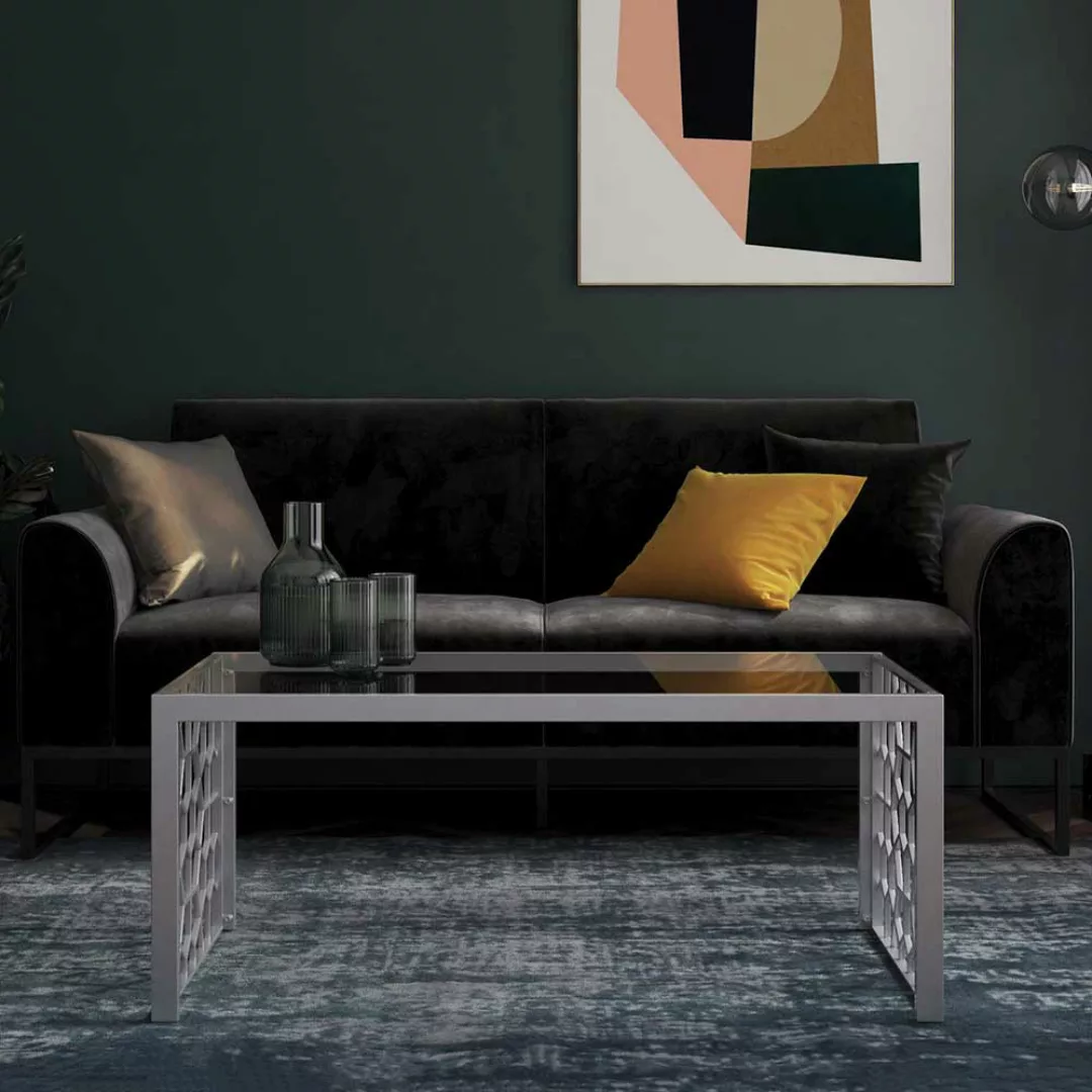 Wohnzimmer Tisch Silberfarben mit Wangen Gestell Glasplatte günstig online kaufen