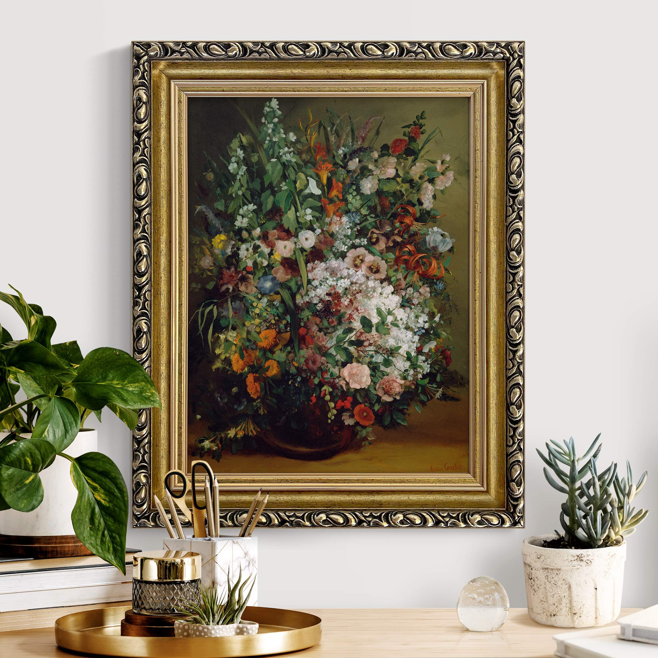 Gerahmtes Leinwandbild Gustave Courbet - Blumenstrauß in Vase günstig online kaufen