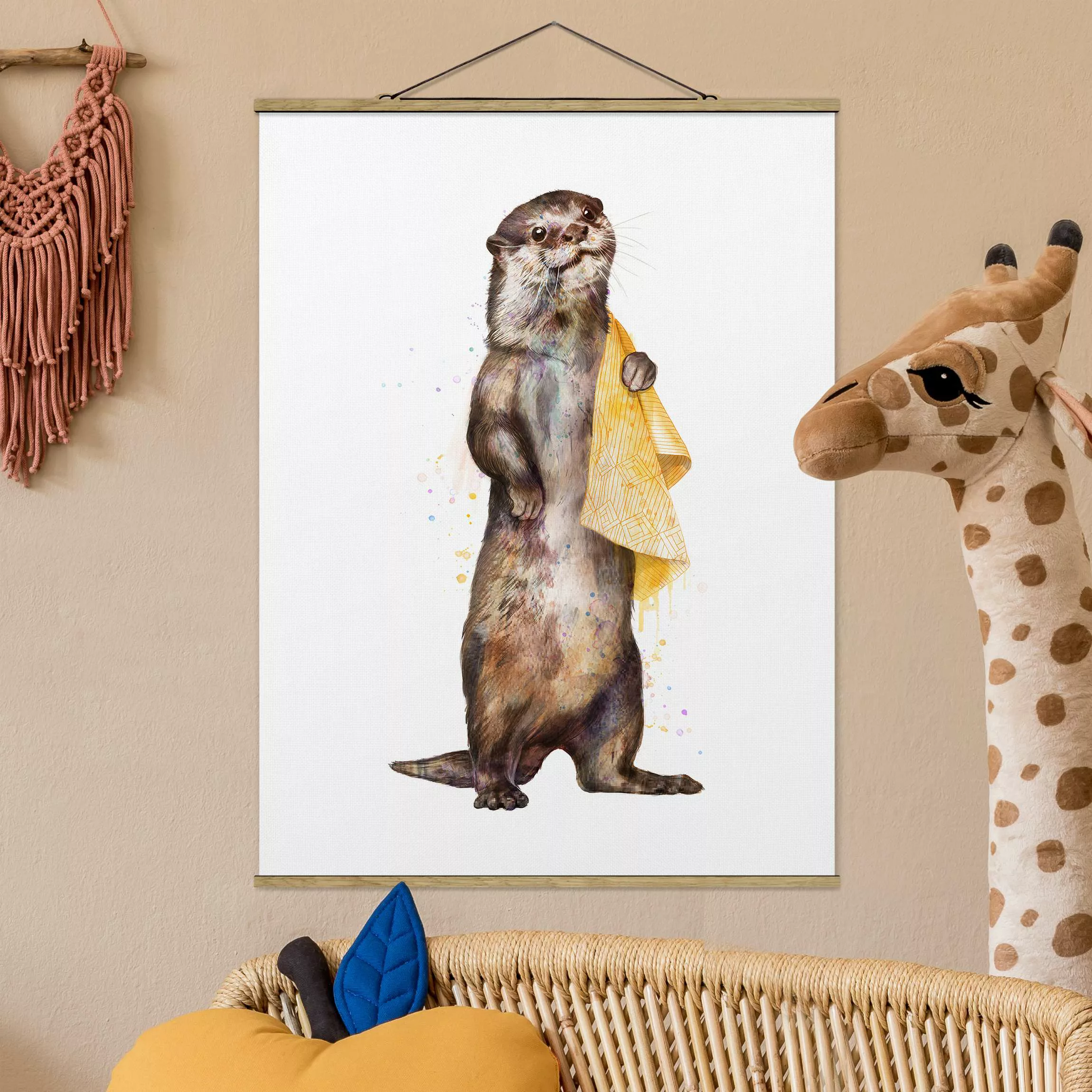 Stoffbild - Hochformat Illustration Otter mit Handtuch Malerei Weiß günstig online kaufen