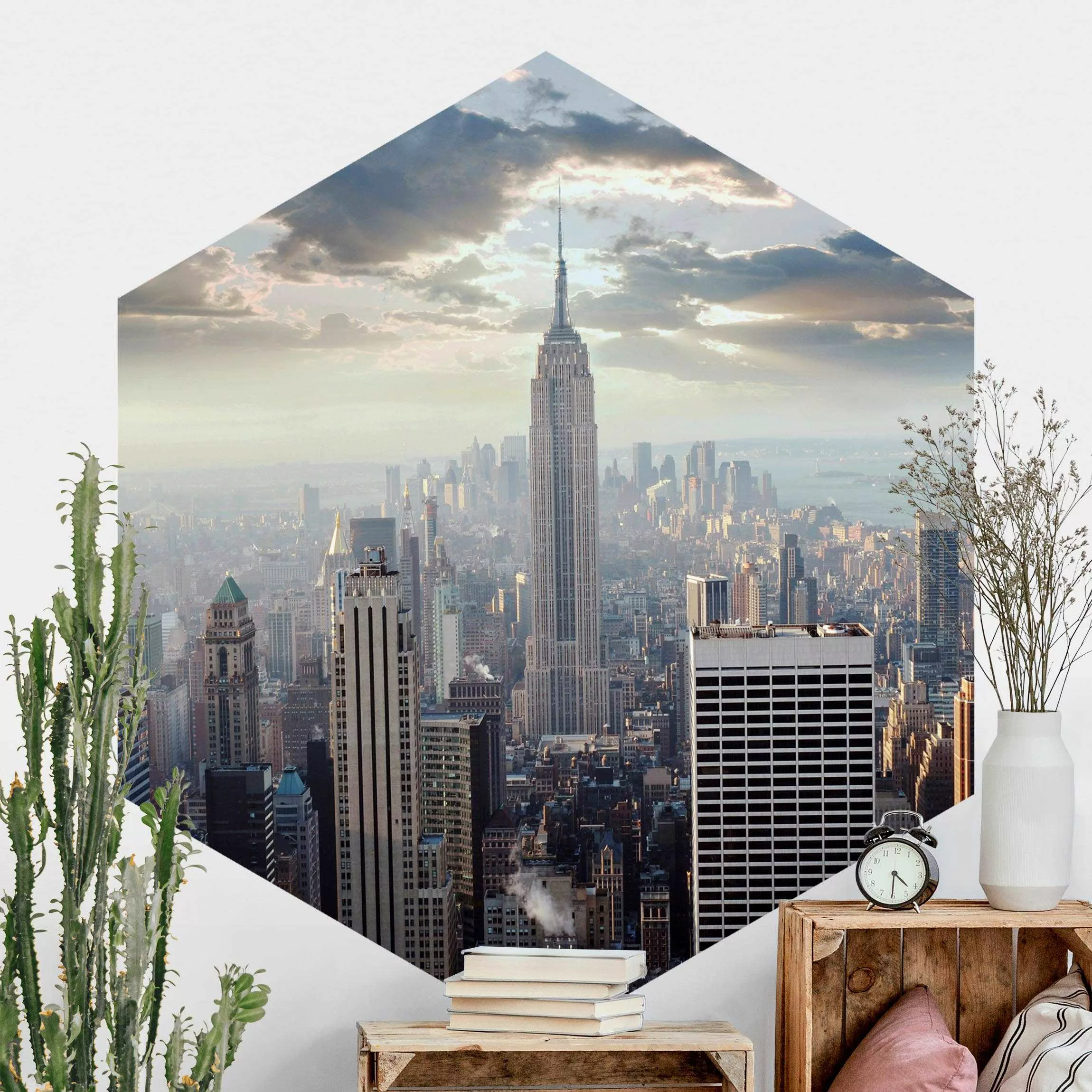Hexagon Fototapete selbstklebend Sonnenaufgang in New York günstig online kaufen